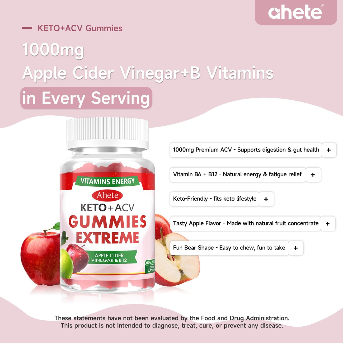 Ahete Keto + ACV Gummies Extreme, Apple Cider Vinegar with B12, Dietary Supplement with Vitamins, Energy Support 60 Count