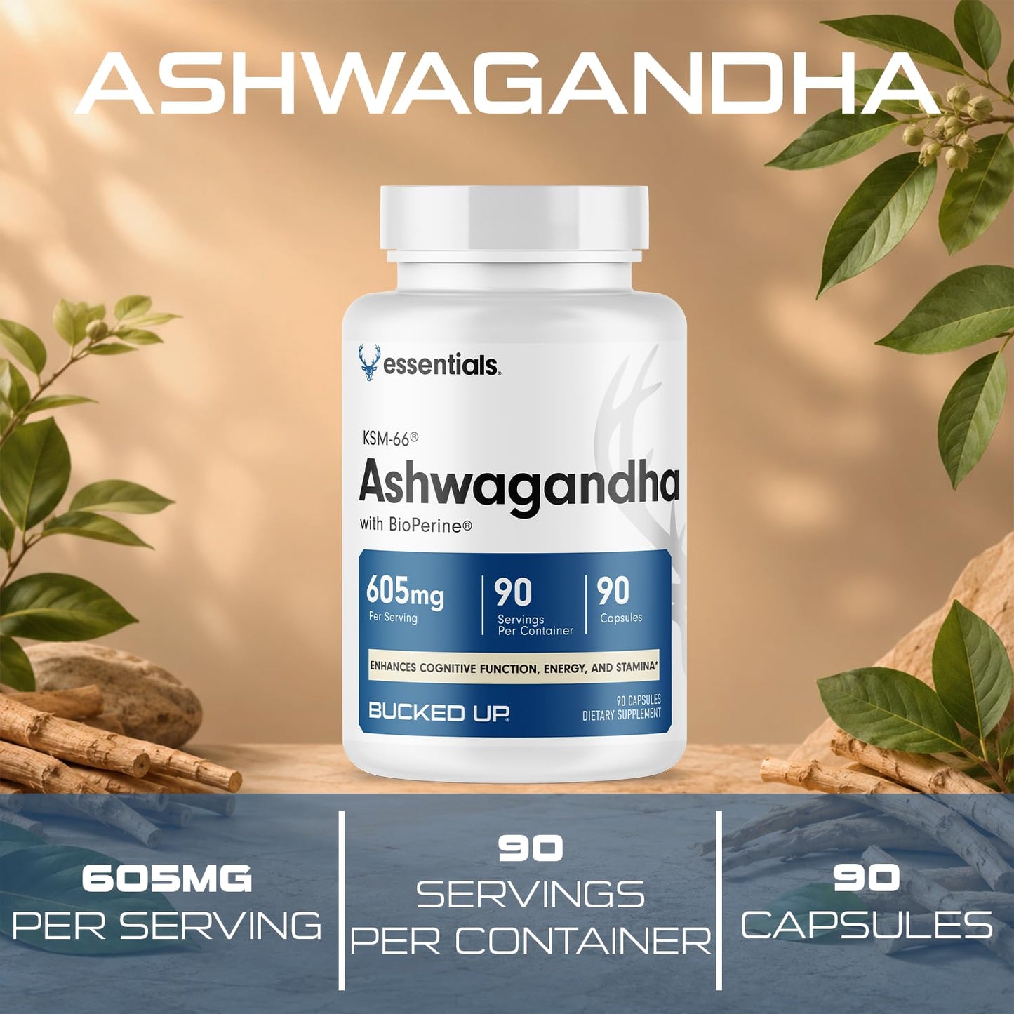 Bucked Up Ashwagandha (KSM-66®) + Bioperin Capsules 90 Count