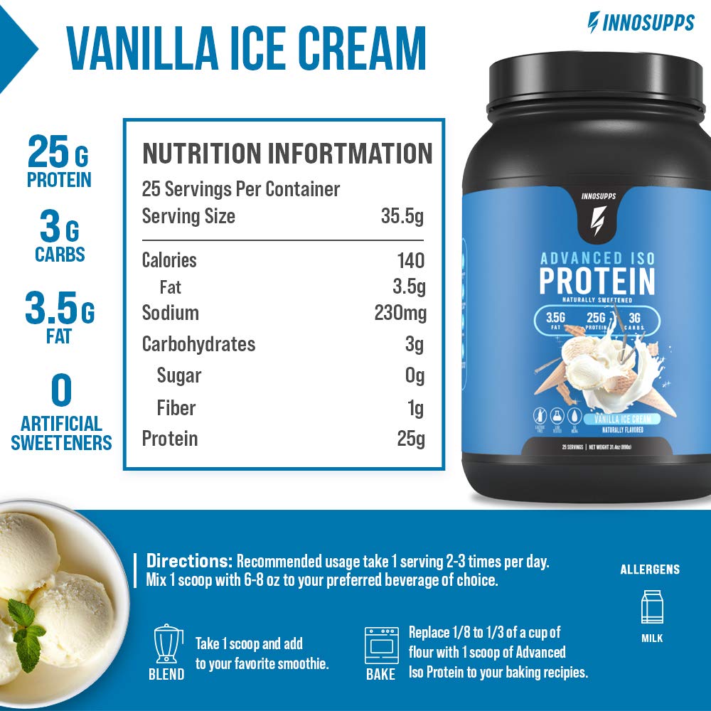 InnoSupps Advanced Iso Protein Whey Isolate Protein Powder Vanilla Ice Cream 31.4 oz
