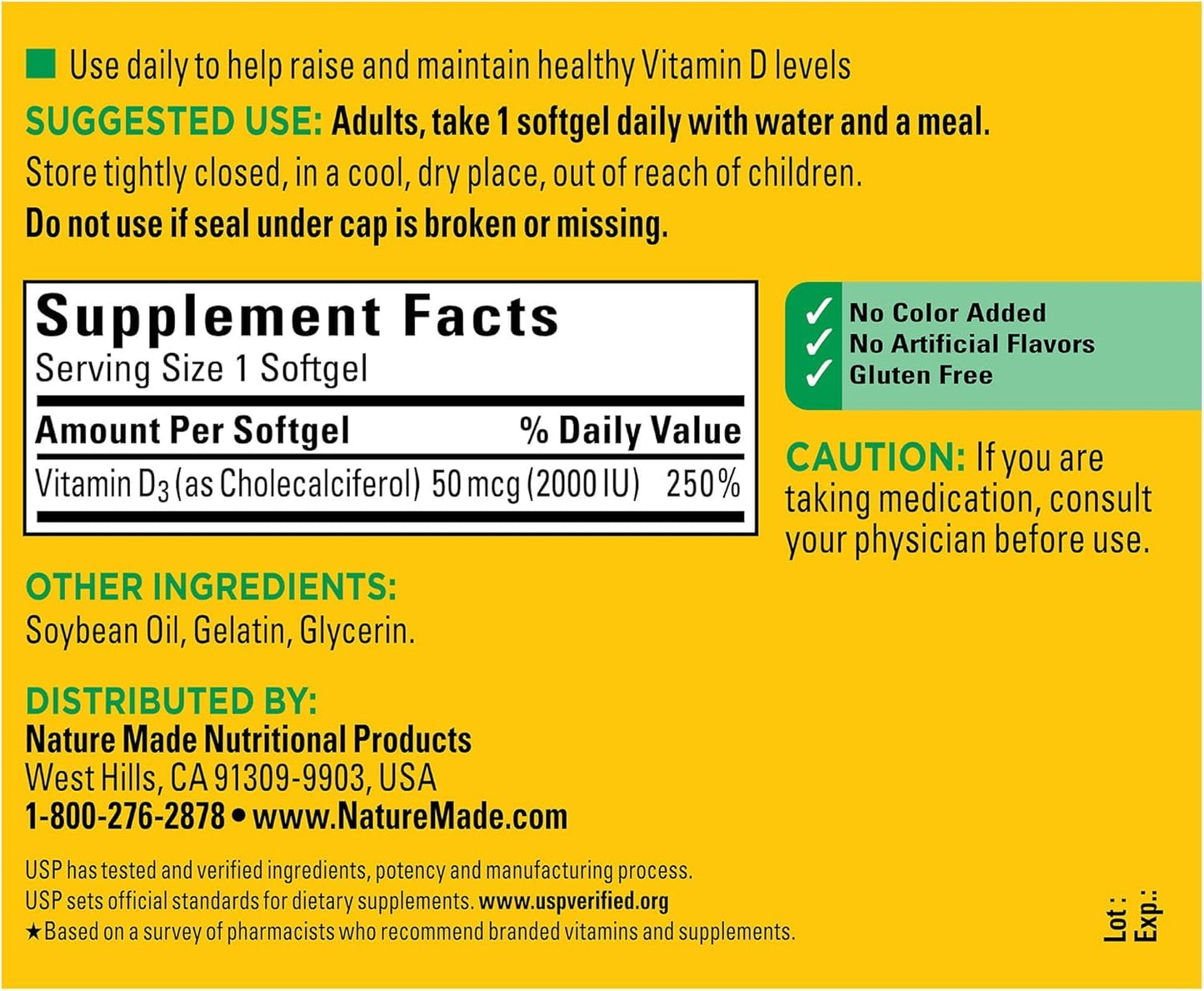 Nature Made Vitamin D3 2000 IU Softgels, 500 Count
