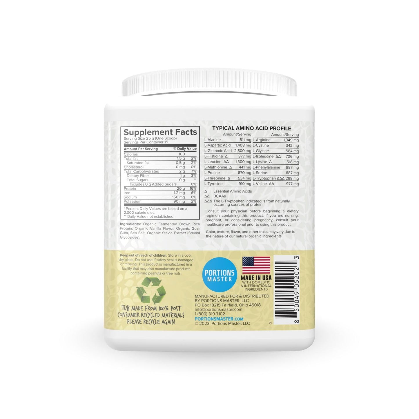 Portions Master Plant Protein Organic Plant Based Protein Powder with Fermented Brown Rice Complete Amino Acid Profile, 13.2 Ounce