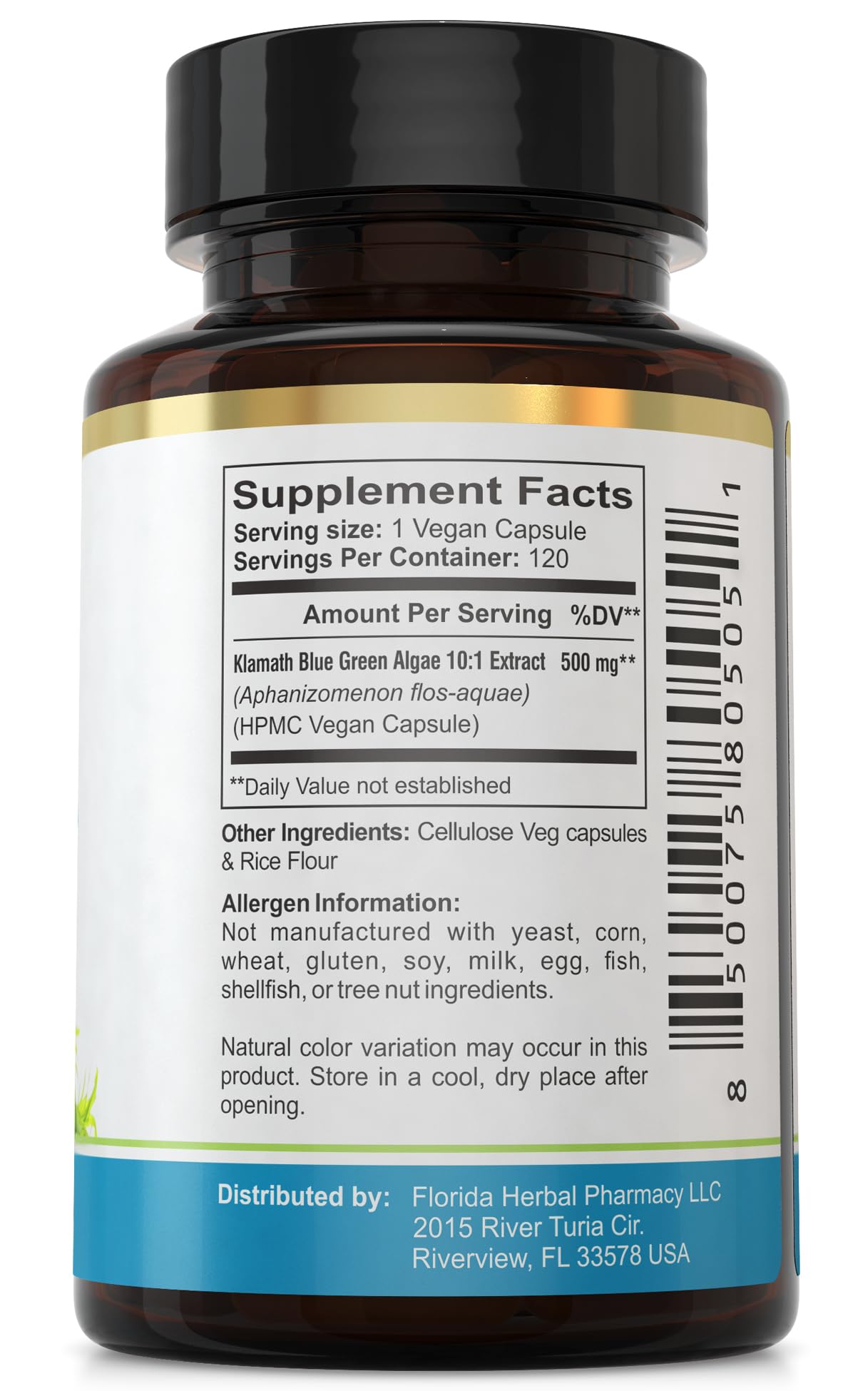 Florida Herbal Pharmacy Klamath Blue Green Algae Extract Supplement 10:1 Capsules, 120 Count