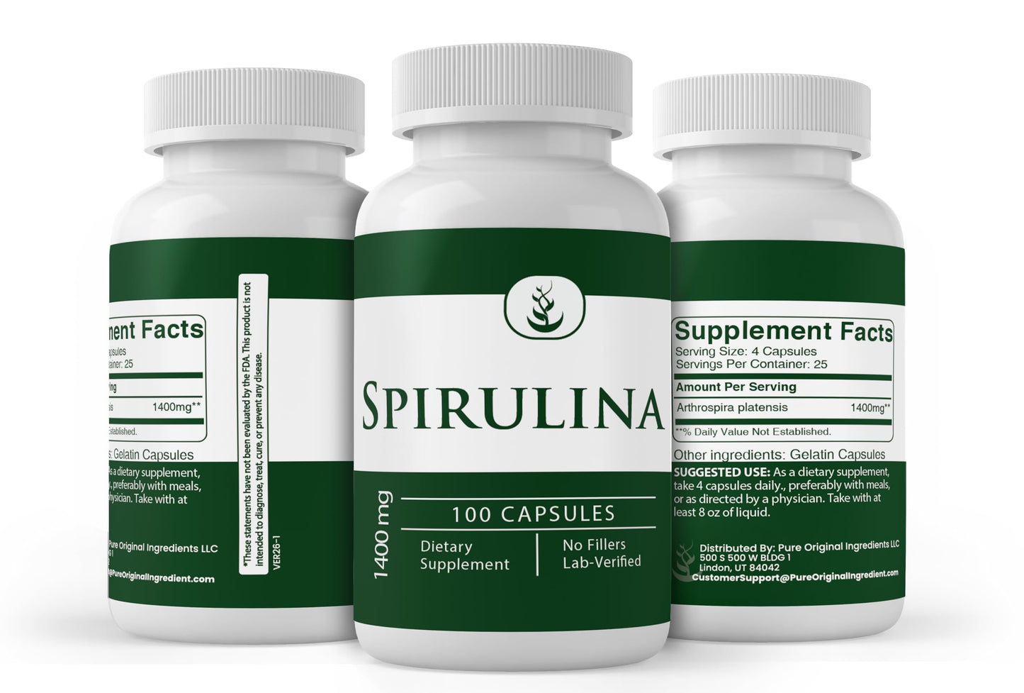 PURE ORIGINAL INGREDIENTS Spirulina Capsules 100 Count