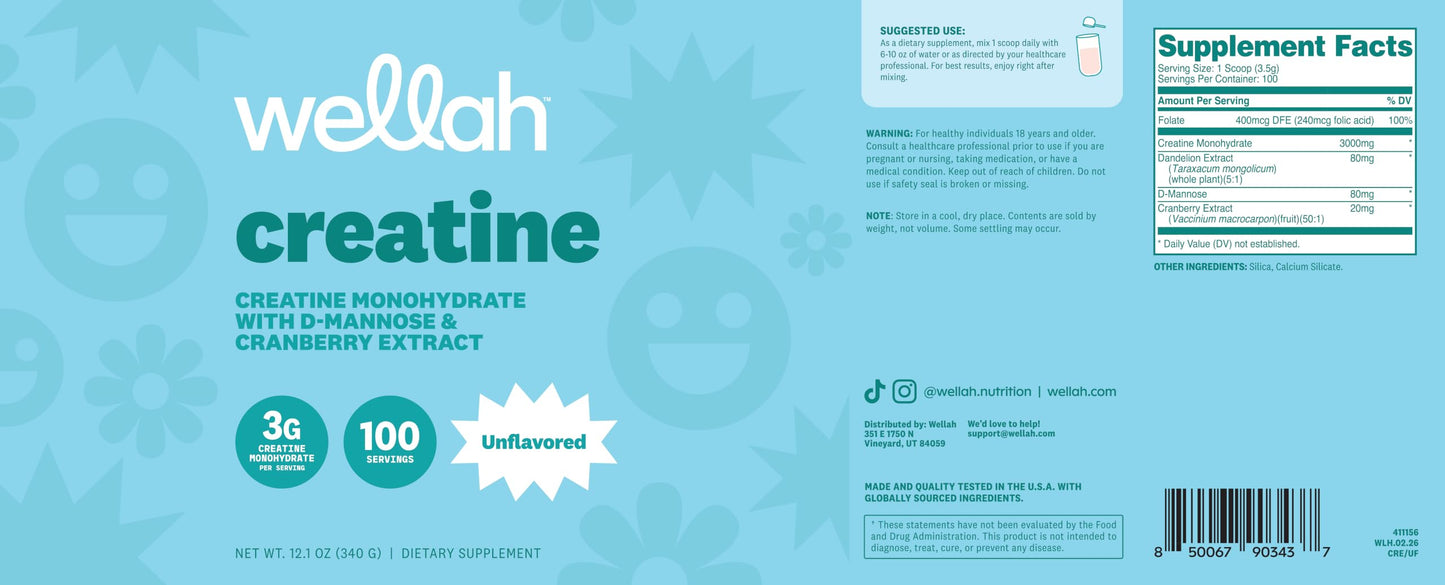 Wellah Creatine for Women - Creatine Monohydrate with Dandelion & Cranberry Extract Powder, 100 Servings