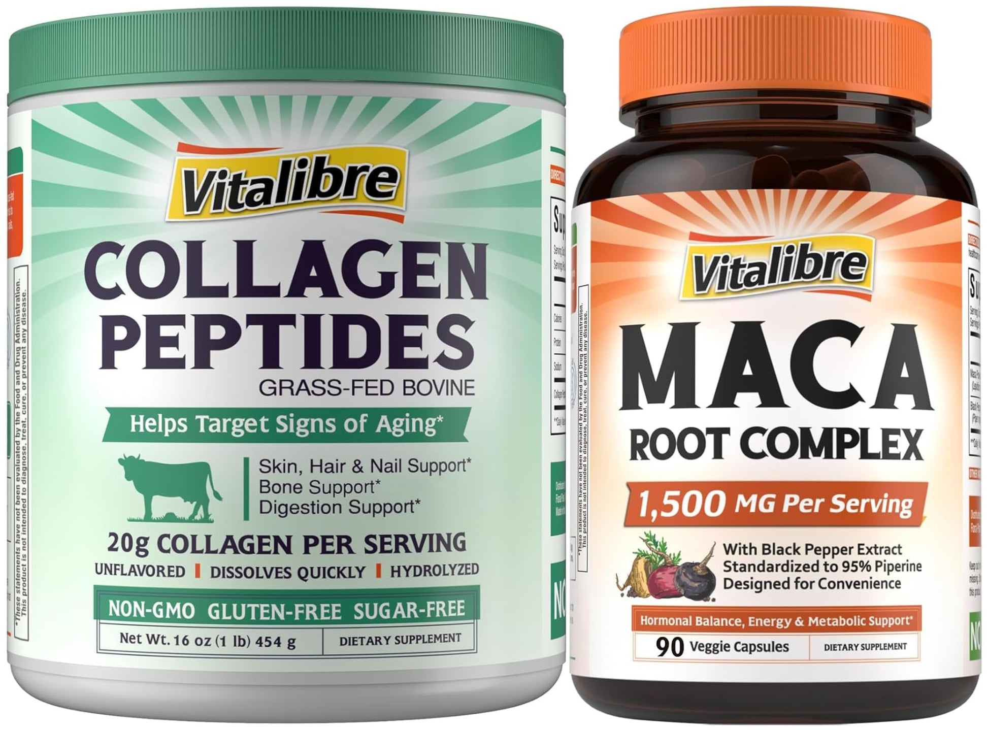 Vitalibre Bovine Collagen Peptides Powder and Maca Root Capsules Bundle