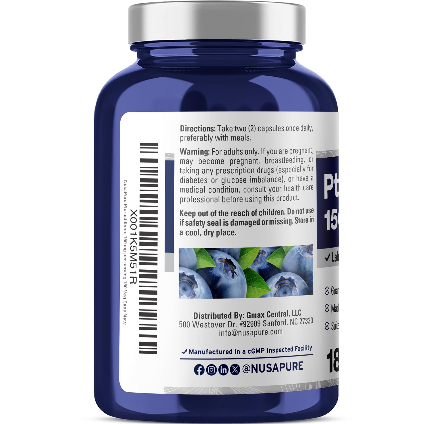 NusaPure Pterostilbene 150mg Capsule 180 Count, Non-GMO, Vegan