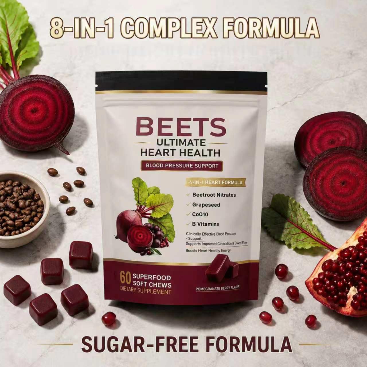 EOQIFJM Beet Chews 4-in-1 Chewable 60 Count