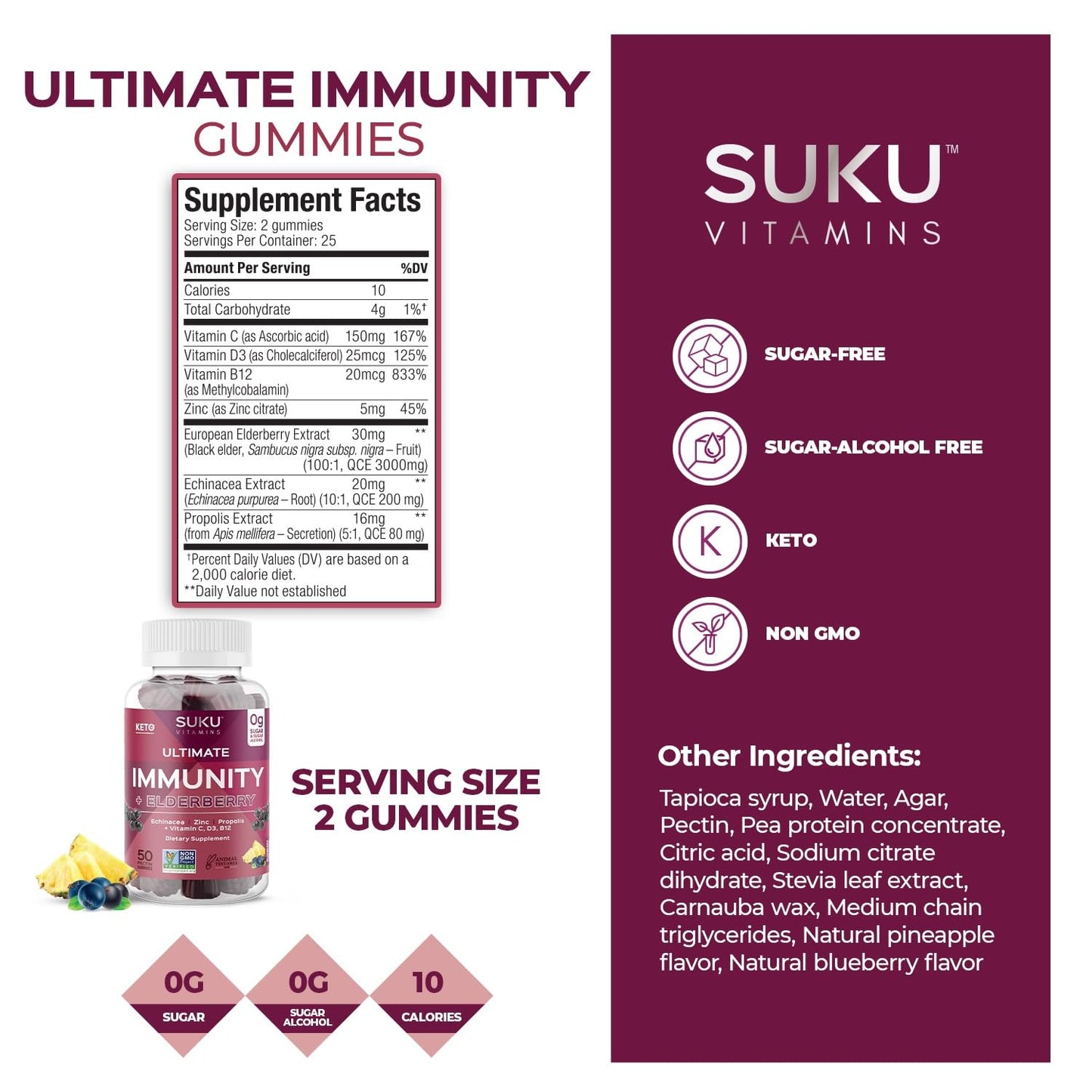 SUKU Ultimate Immunity Elderberry Echinacea and Propolis Gummies, Gummy, 50 Count