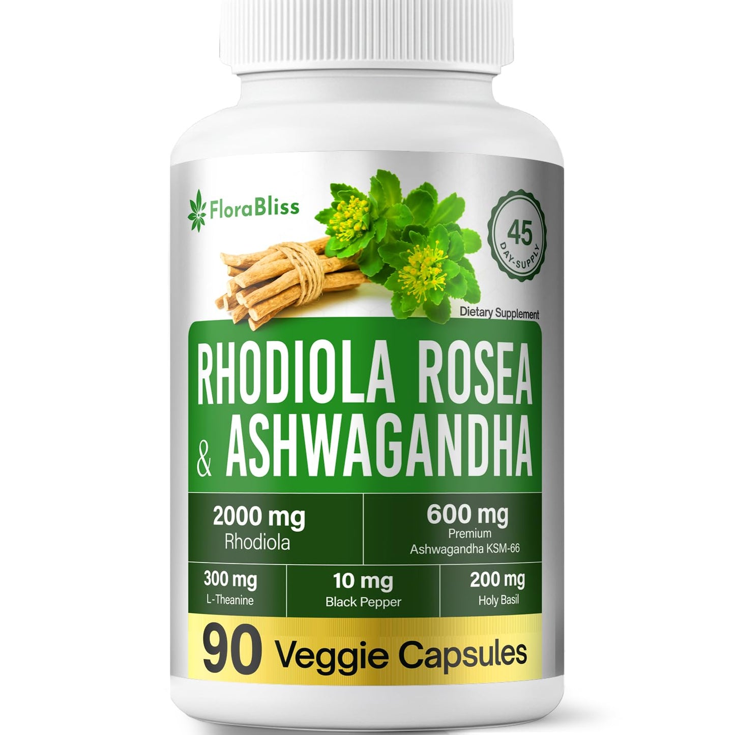 FloraBliss Rhodiola Rosea with Ashwagandha, L-Theanine, Holy Basil & Black Pepper 90 Capsules