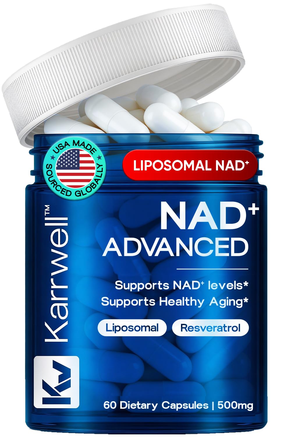 Karrwell Liposomal NAD+ Supplement 500mg with Resveratrol Capsules, 60 Count