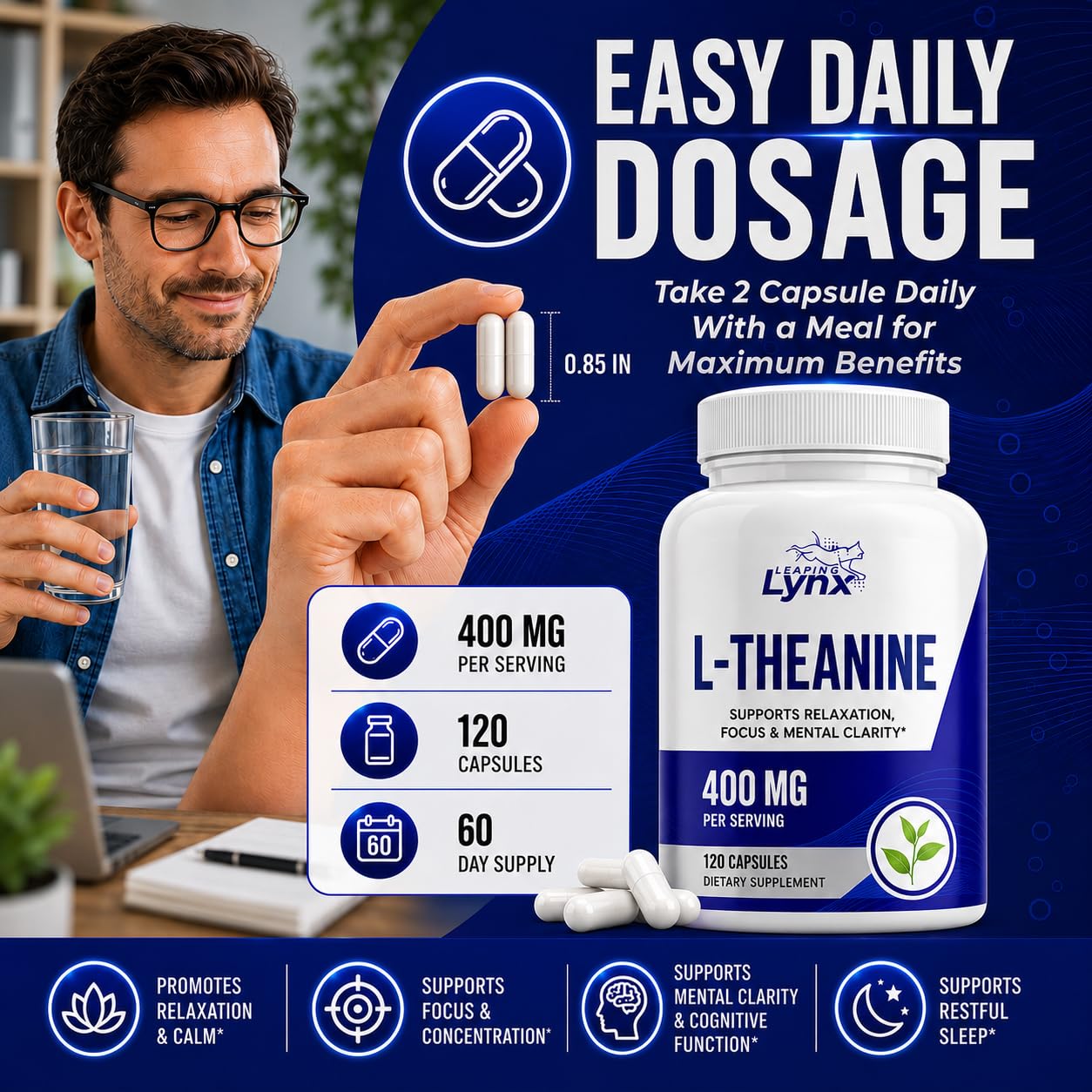 Leaping Lynx L-Theanine 400 mg per Serving (200 mg per Capsule) Powder, 12.5 oz