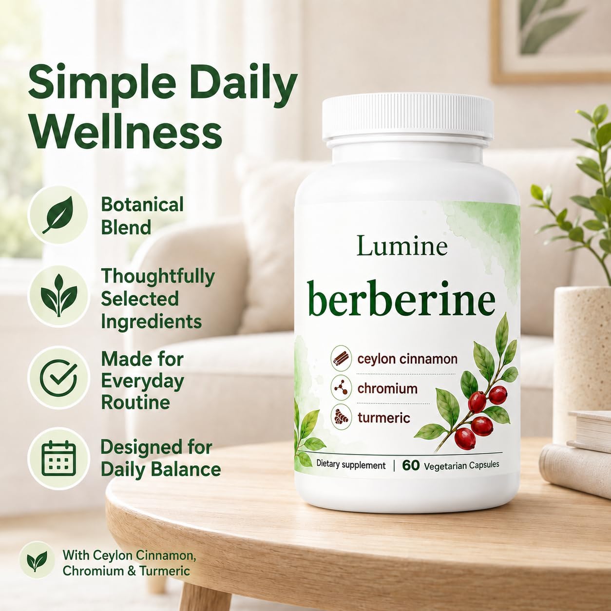 LUMINE Organics Berberine, Ceylon Cinnamon, Turmeric Capsules, 60 Count