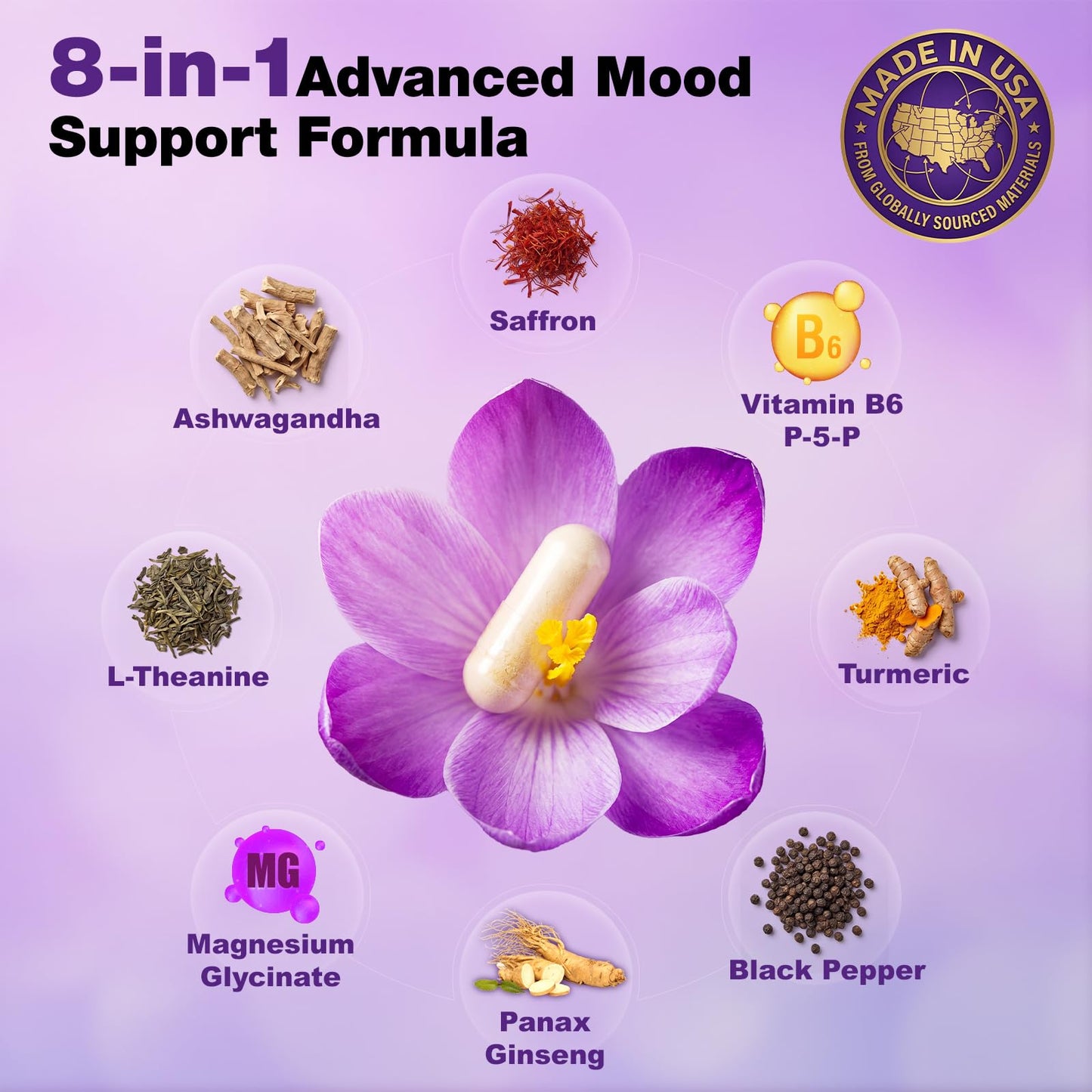 Florvay Saffron Extract Supplements 88.5mg for Women with Ashwagandha, L-Theanine & Magnesium, Supports Mood & Daily Energy, Botanical Blend, 60 Capsules