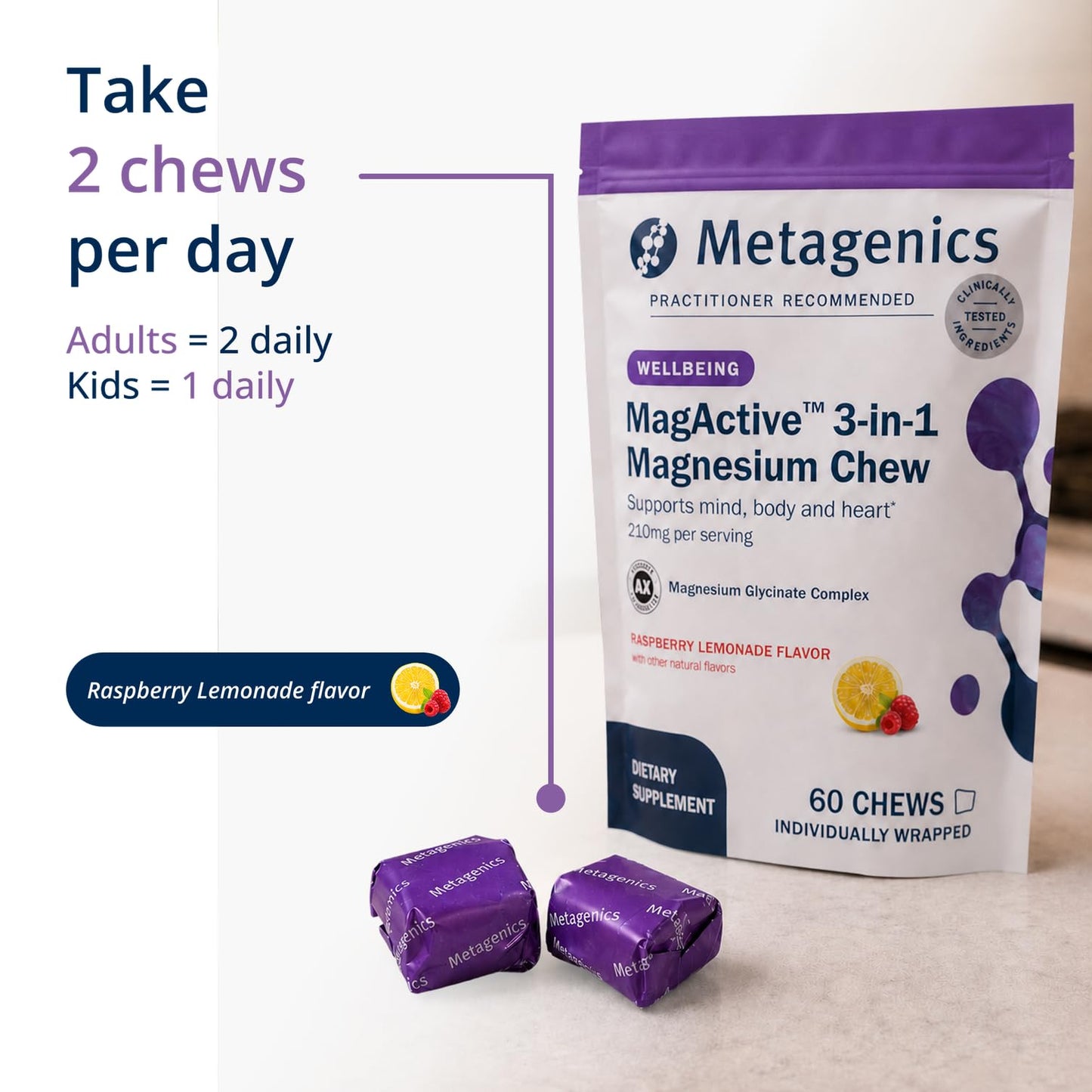 Metagenics MagActive Magnesium Glycinate 3-in-1 Chew Gummies, 60