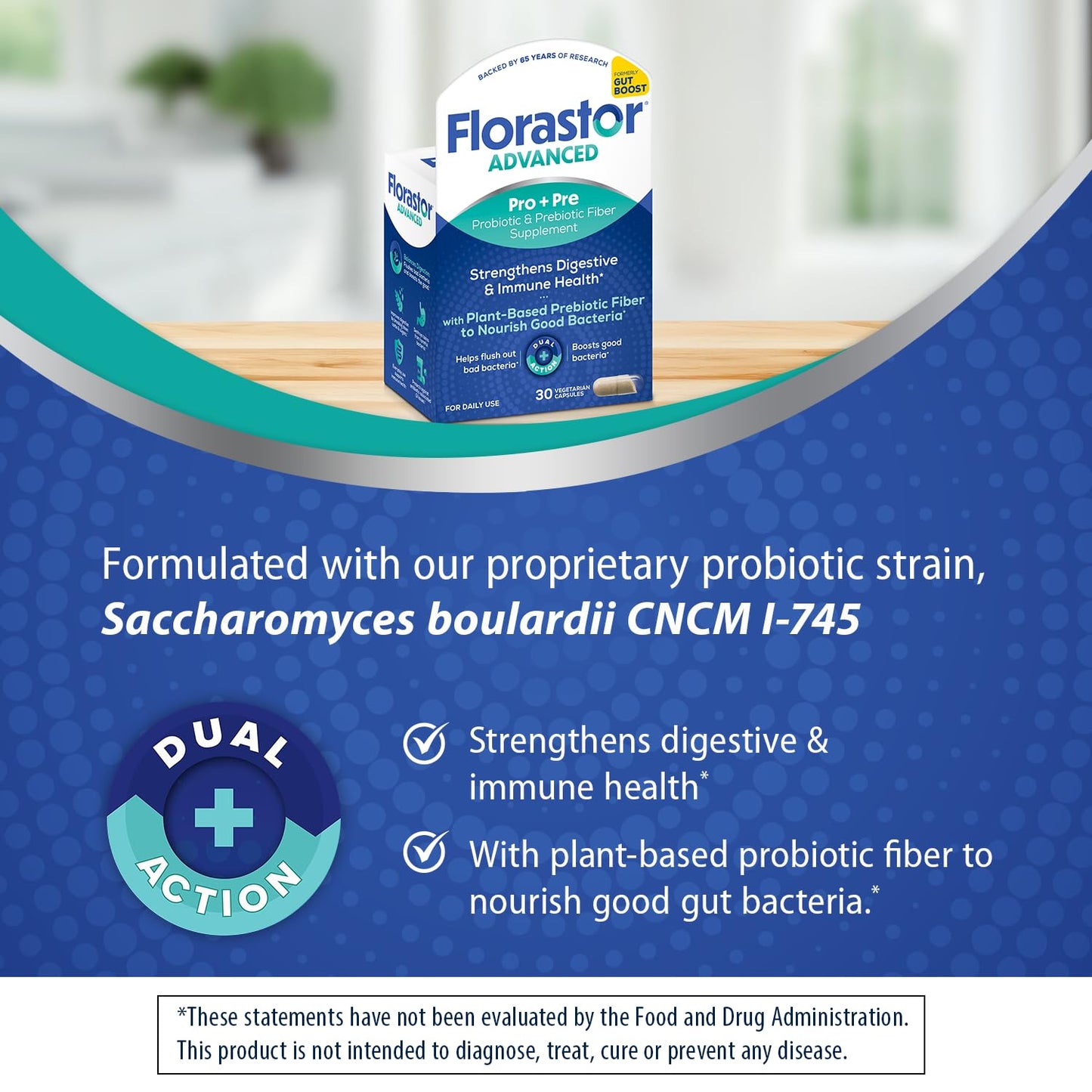 Florastor Advanced Pro+Pre Daily Probiotic and Prebiotic Supplement for Women and Men Capsules, 60 Count