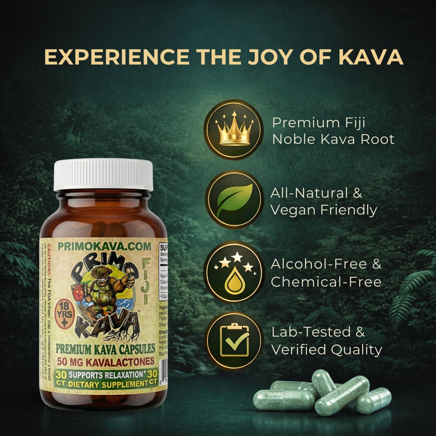 PRIMO KAVA Kava Capsules 1500mg, 30 Count