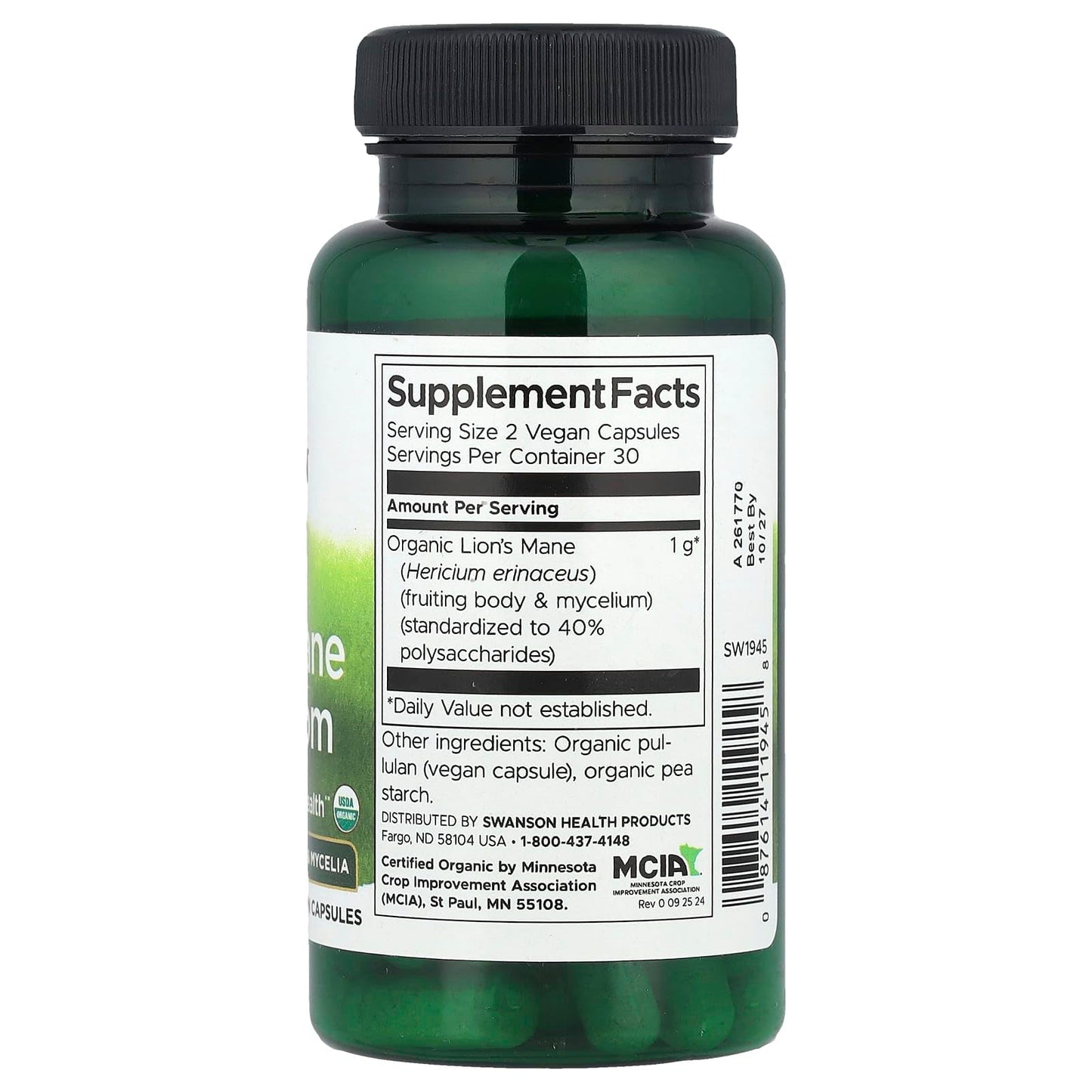 Swanson Organic Lion's Mane Mushroom 500 mg Capsules, 60 Count