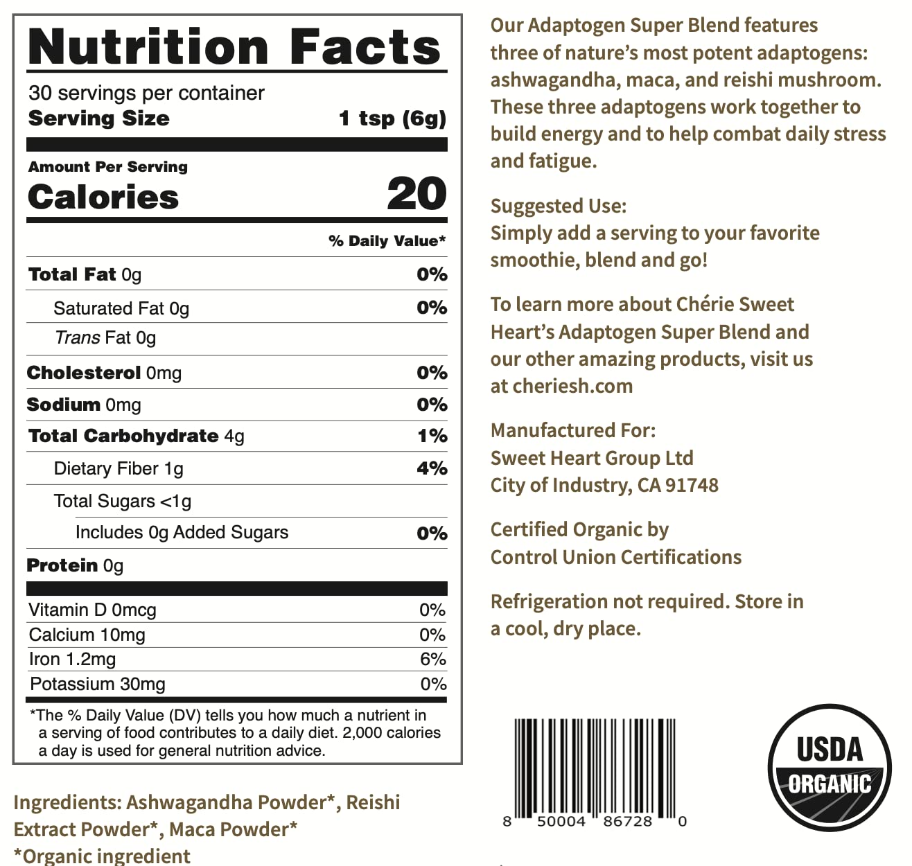 Chérie Sweet Heart Adaptogen Super Blend Powder, 6 Ounce