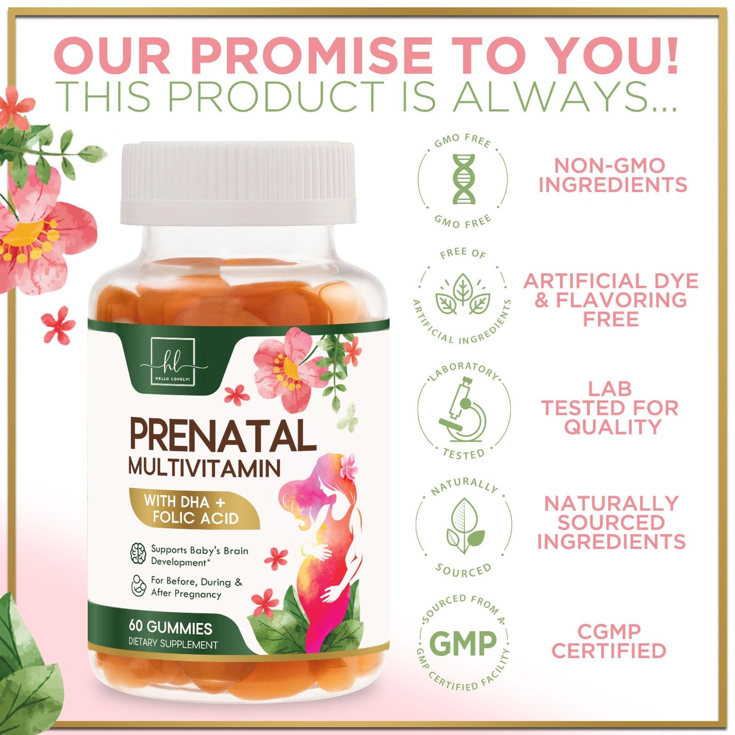 Hello Lovely! Prenatal Vitamins for Women – Complete Pregnancy Multivitamin with Folic Acid, Omega-3 DHA, Choline, Vitamin D – Essential Support for Mom & Baby Brain Development – Tasty Orange Flavor, 60 Gummies