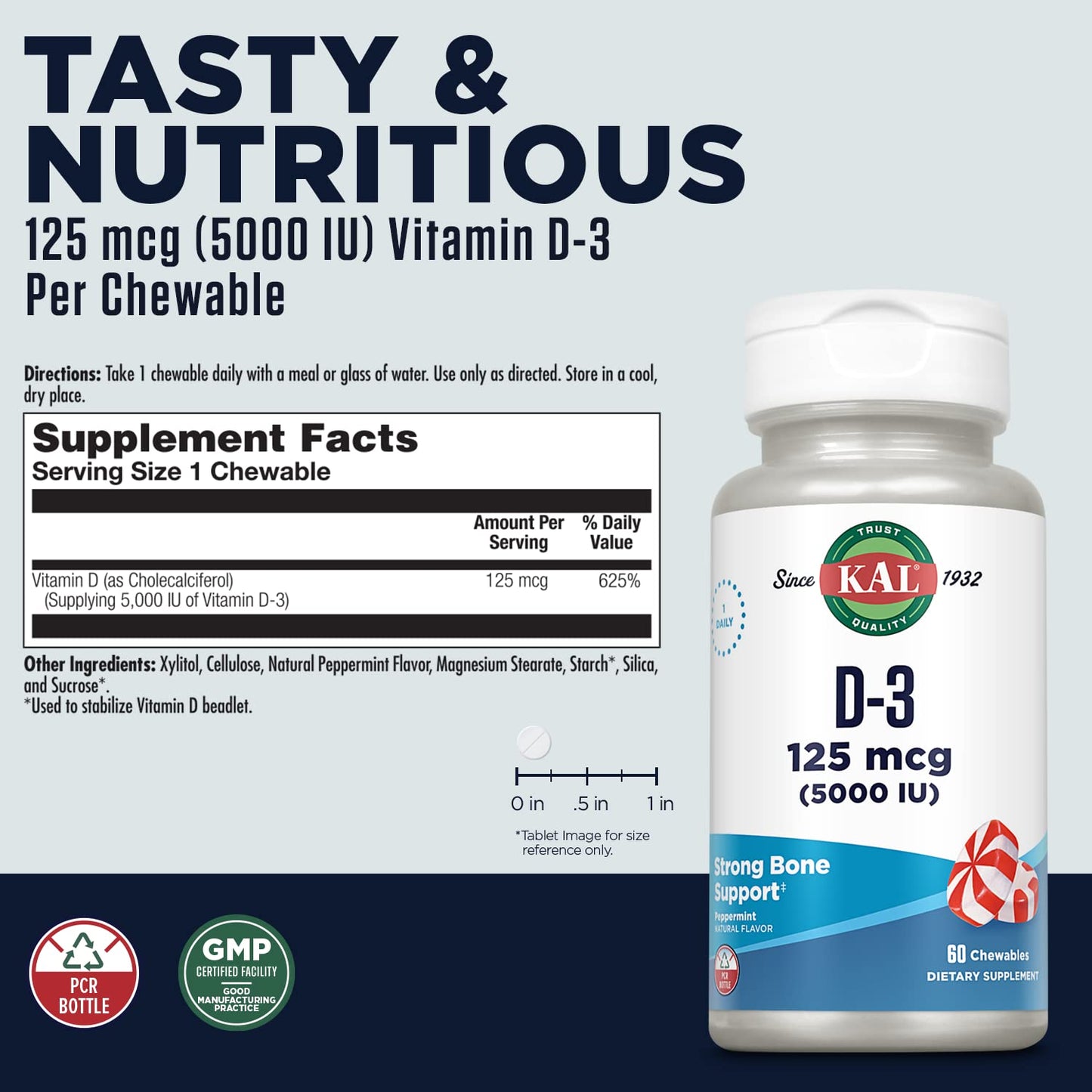 KAL Vitamin D3 5000 IU 125 mcg Chewable Supplement 60 Count