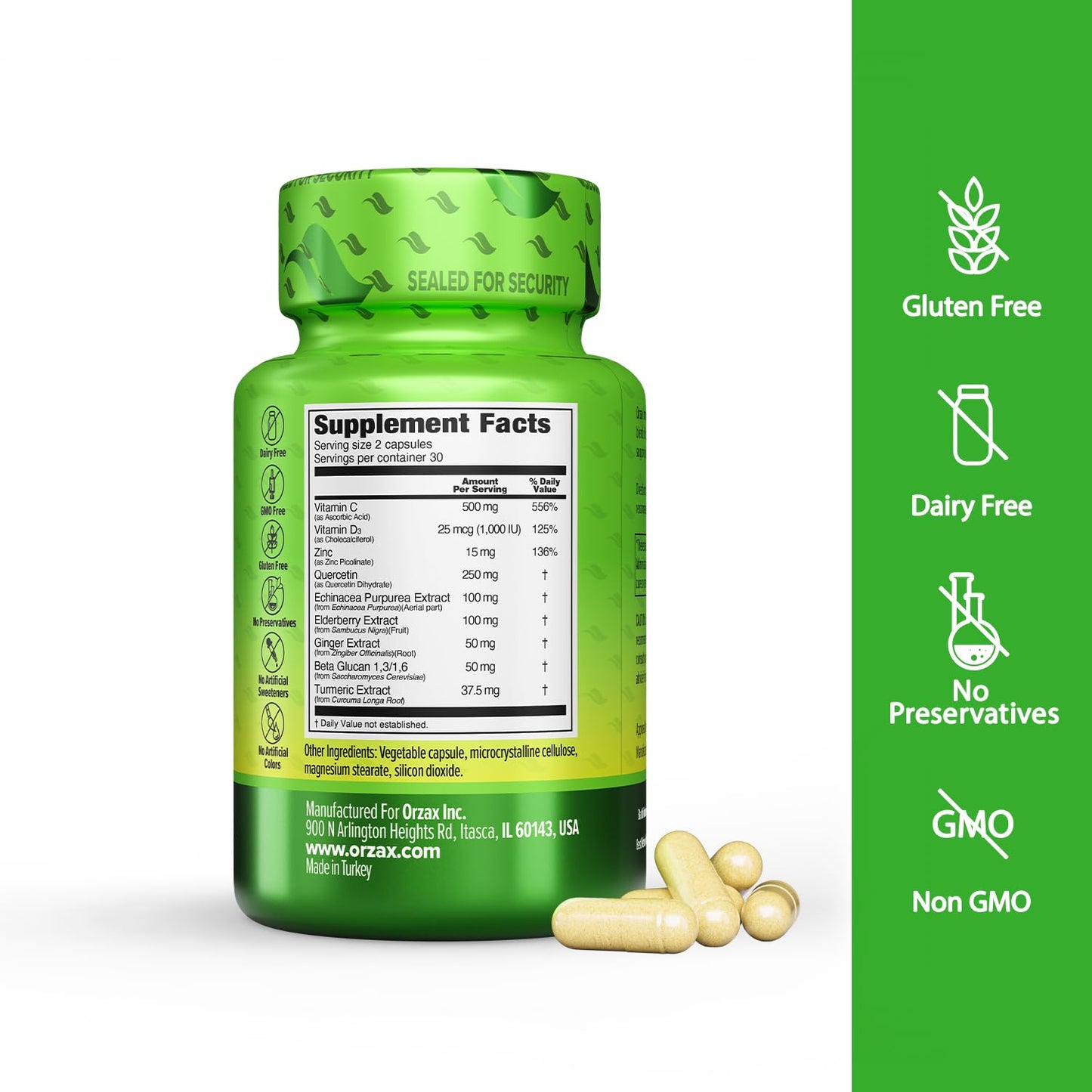 ORZAX 9 in 1 Immune Defense Supplement High Strength Vitamin C & D with Zinc, Quercetin, Turmeric & Ginger, Echinacea Capsules, 60 Capsules