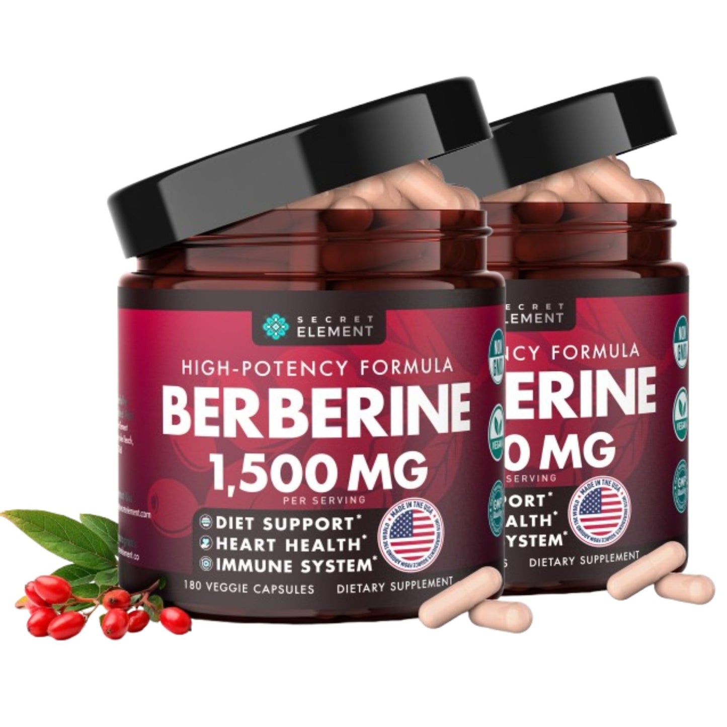 Secret Element Berberine HCL Supplement 1500 mg High Potency Vegan Capsules with Beet Root, Citrus Bergamot & Black Currant, Non-GMO, 360 Capsules