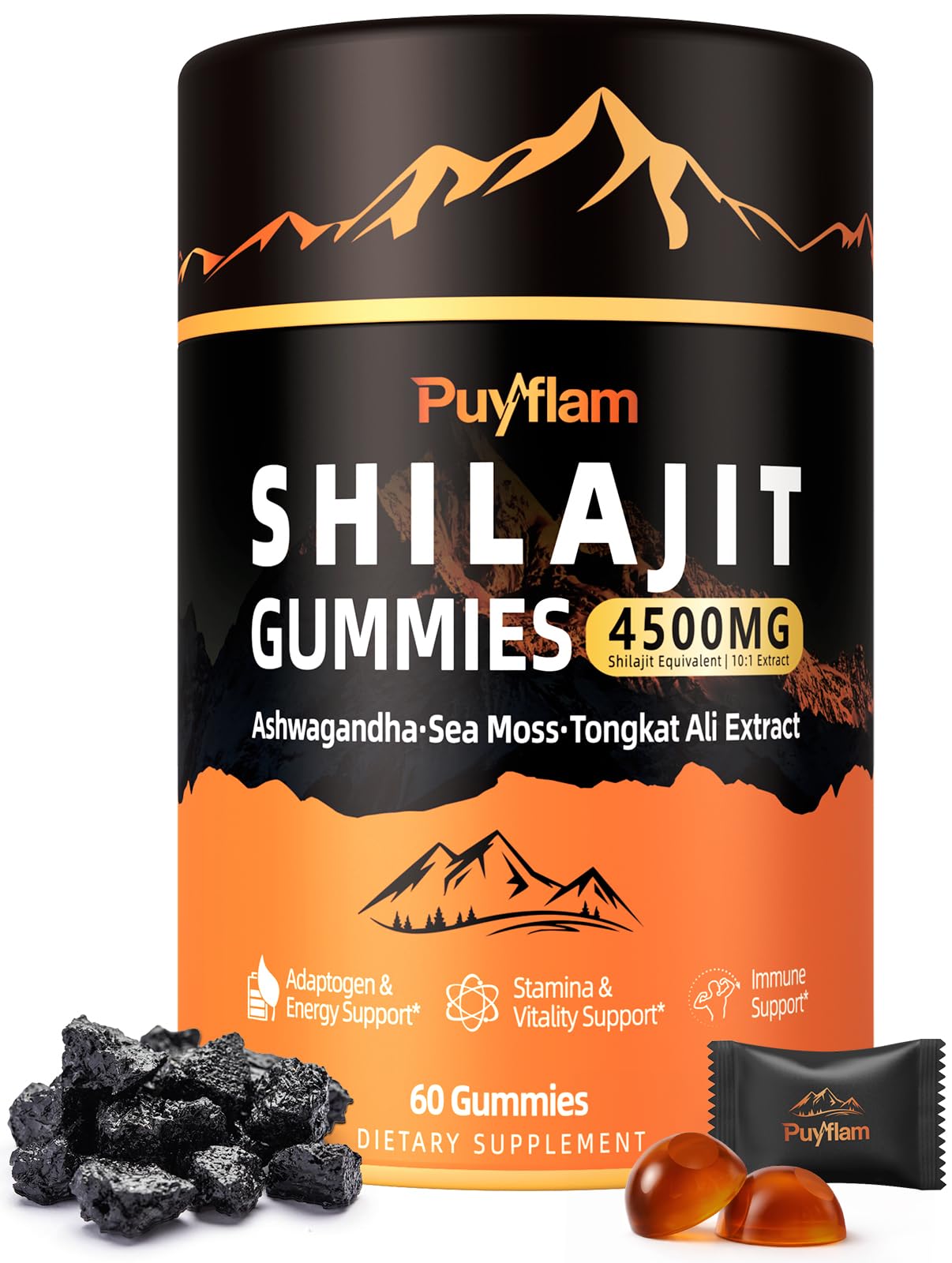 Puyflam Shilajit Gummies 4500mg – 14-in-1 Himalayan Shilajit for Men with Ashwagandha, Tongkat Ali, Black Maca, CoQ10, NMN & Turmeric, Natural Energy, Stamina & Vitality Immune Support, 60 Gummies