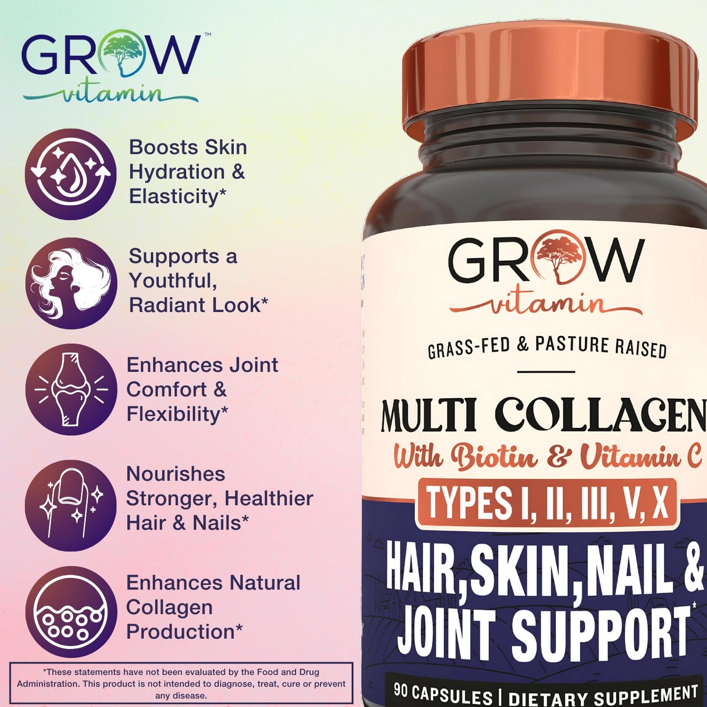 Grow Vitamin Multi Collagen Capsules 1800MG, 90 Capsules