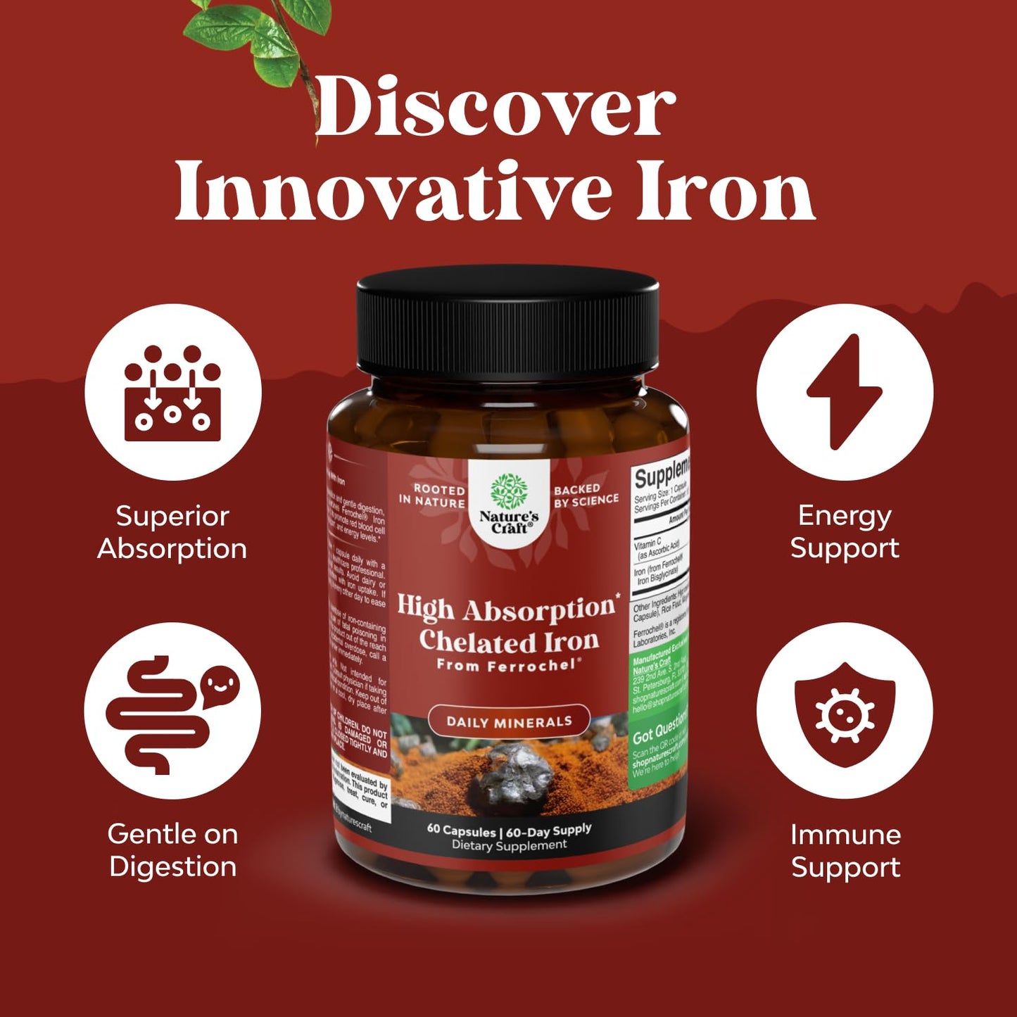 Natures Craft Slow Release Iron Bisglycinate Capsule, 60 Count