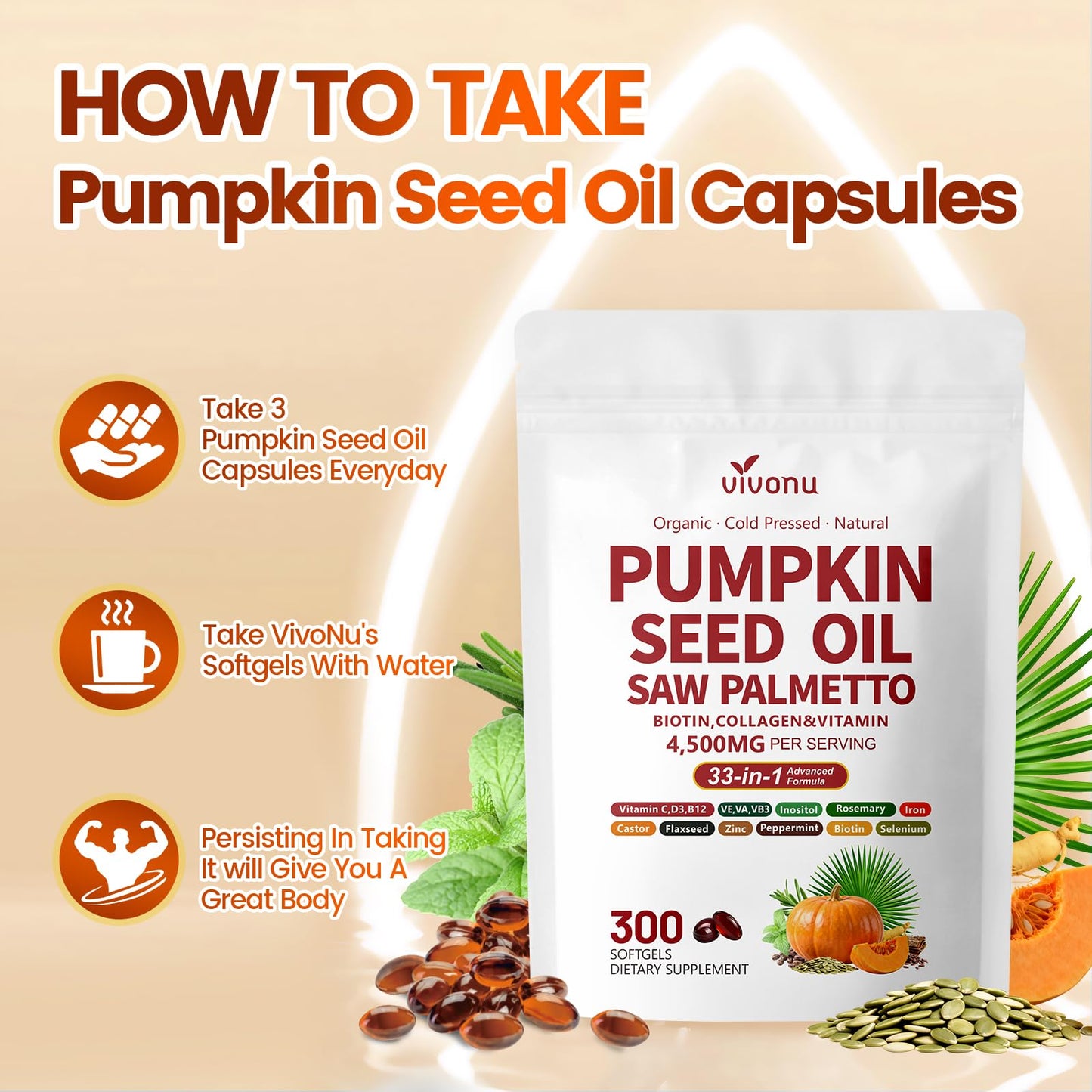 VivoNu Pumpkin Seed Oil with Saw Palmetto Capsules 900 Count
