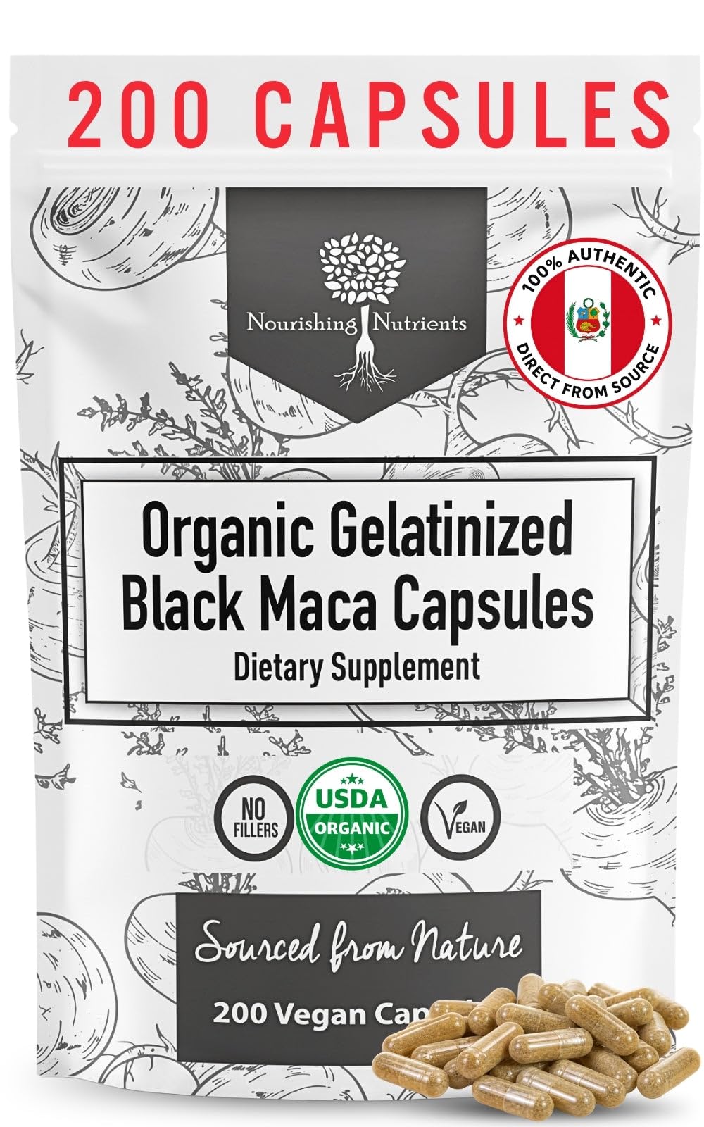 Nourishing Nutrients Organic Gelatinized Black Maca Root for Men & Women Capsules 200 Count