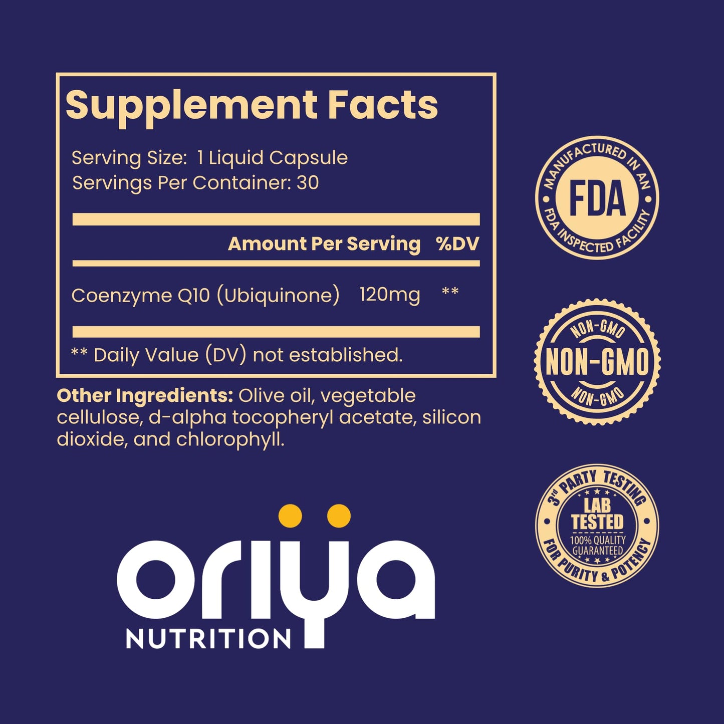 Oriya Nutrition CoQ10 120mg High-Absorption Liquid Veggie Capsule with Olive Oil & Vitamin E, 1 Count