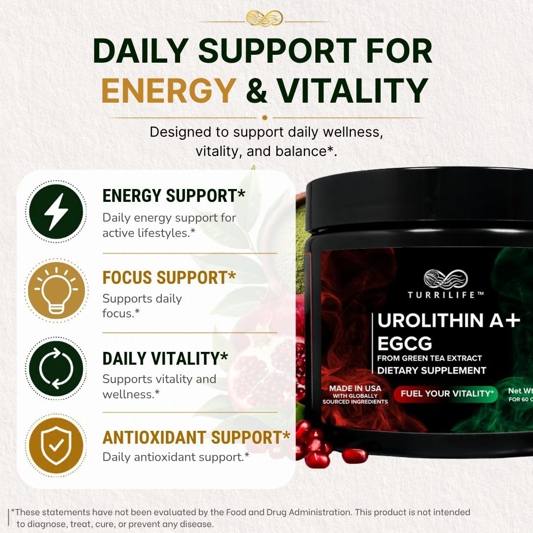 TURRILIFE Premium Urolithin A (≥98% Purity) + High-Potency EGCG from Green Tea Extract (≥98% Polyphenols) – Daily Wellness Formula – Vegan Capsules – 60 Count