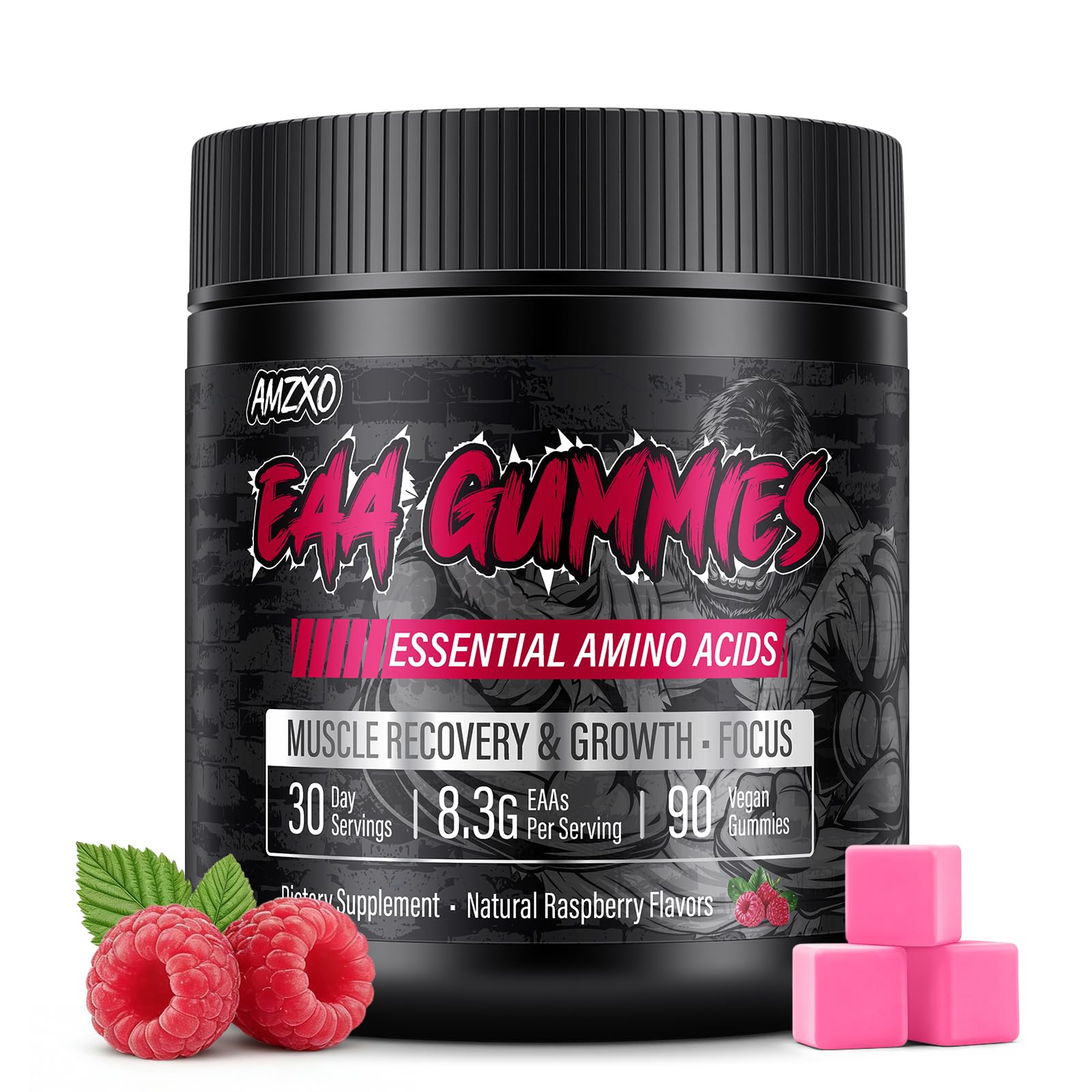 AMZXO EAA Gummies 2:1:1 BCAA Formula (8300mg), Raspberry Flavor, 90 Count