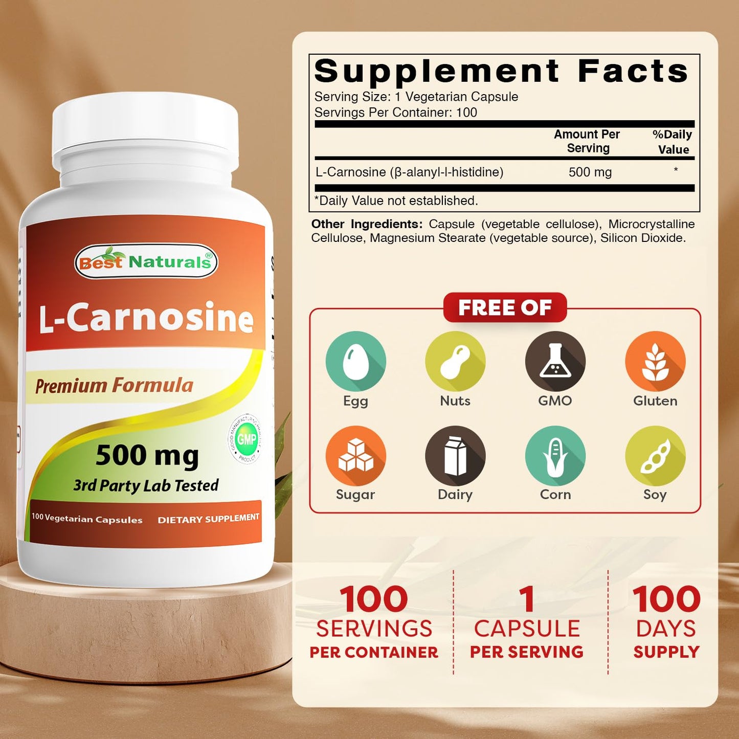 Best Naturals L-Carnosine 500 mg Tablet, 200 Tablets