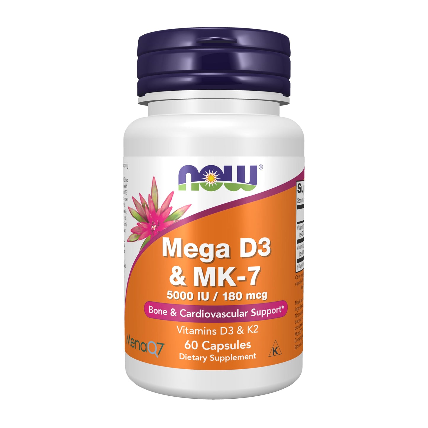 NOW Foods Mega D-3 & MK-7 with Vitamins D-3 & K-2, 5,000 IU/180 mcg, Bone & Cardiovascular Support, 60 Capsules
