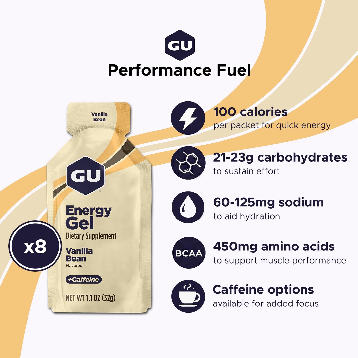 GU Energy Original Sports Nutrition Energy Gel, Vegan and Dairy-Free On-the-Go Energy for Any Workout, Vanilla Bean, 8-Count