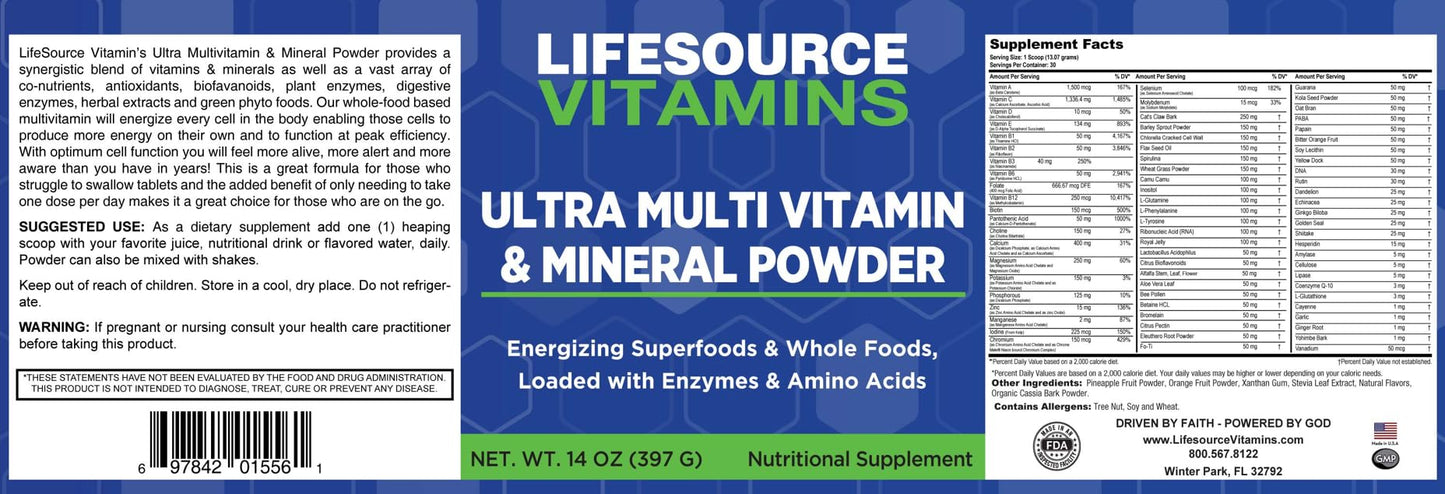 LifeSource Vitamins Ultra Multi Vitamin & Mineral Powder 14 oz