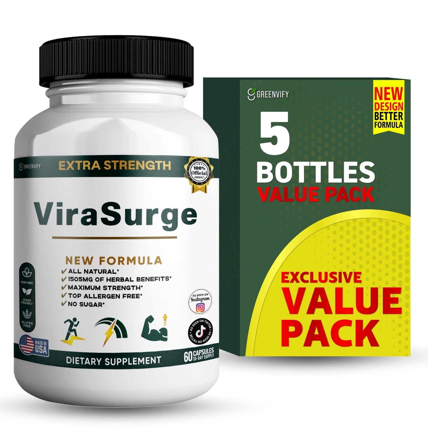 GREENVIFY ViraSurge Extra Strength Organic Maca Root Complex with Black Pepper 60 Capsules