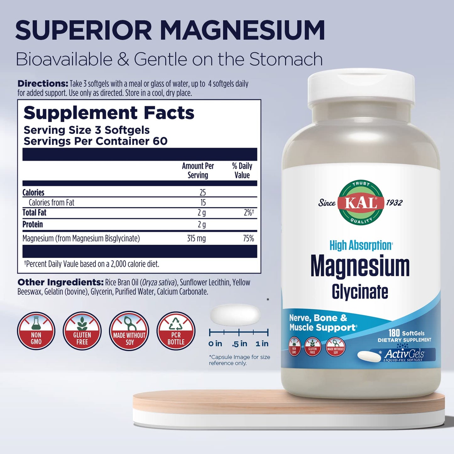 KAL Magnesium Glycinate ActivGels 315 mg Softgels, 180 Count