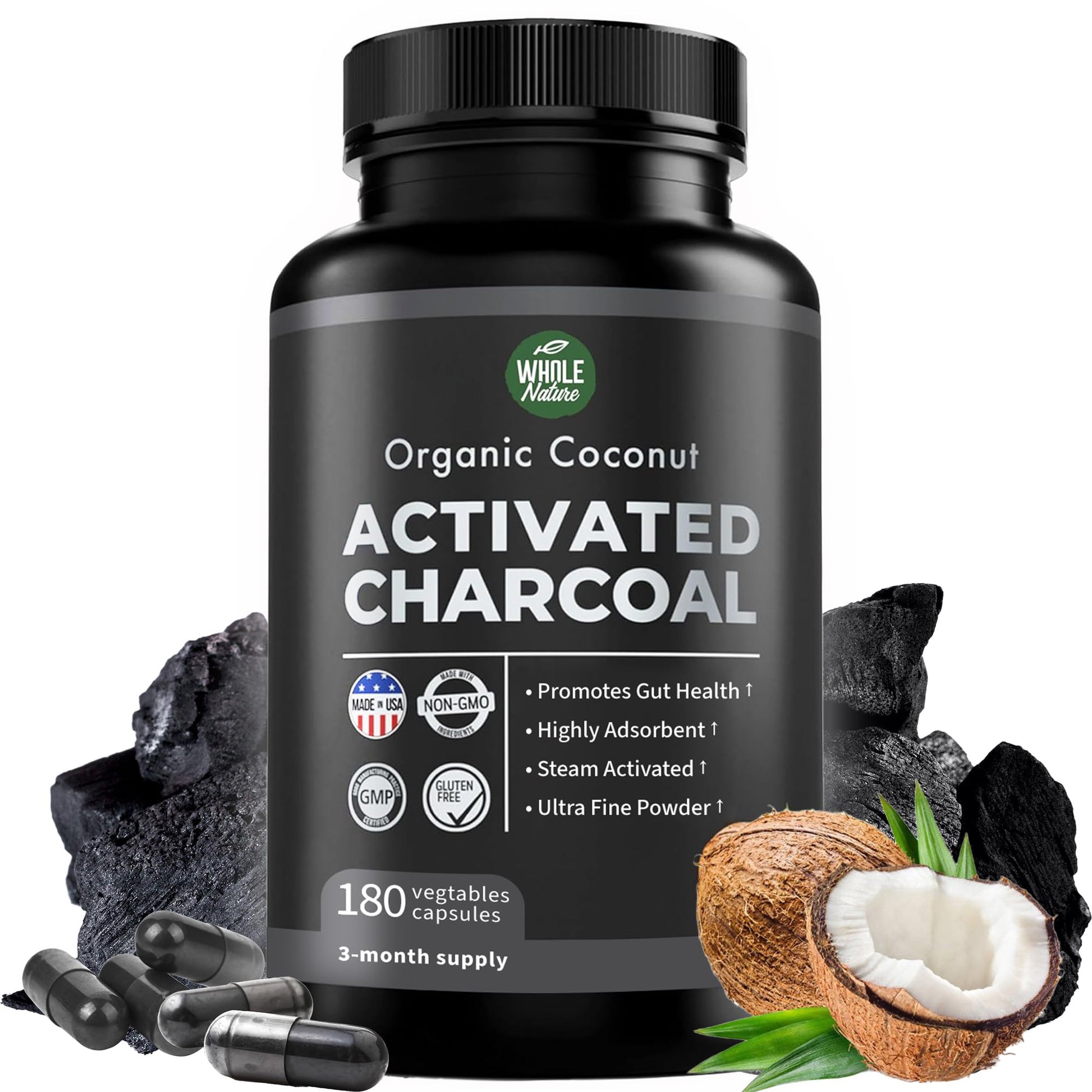 Whole Nature Pure Coconut Activated Charcoal Capsules 180
