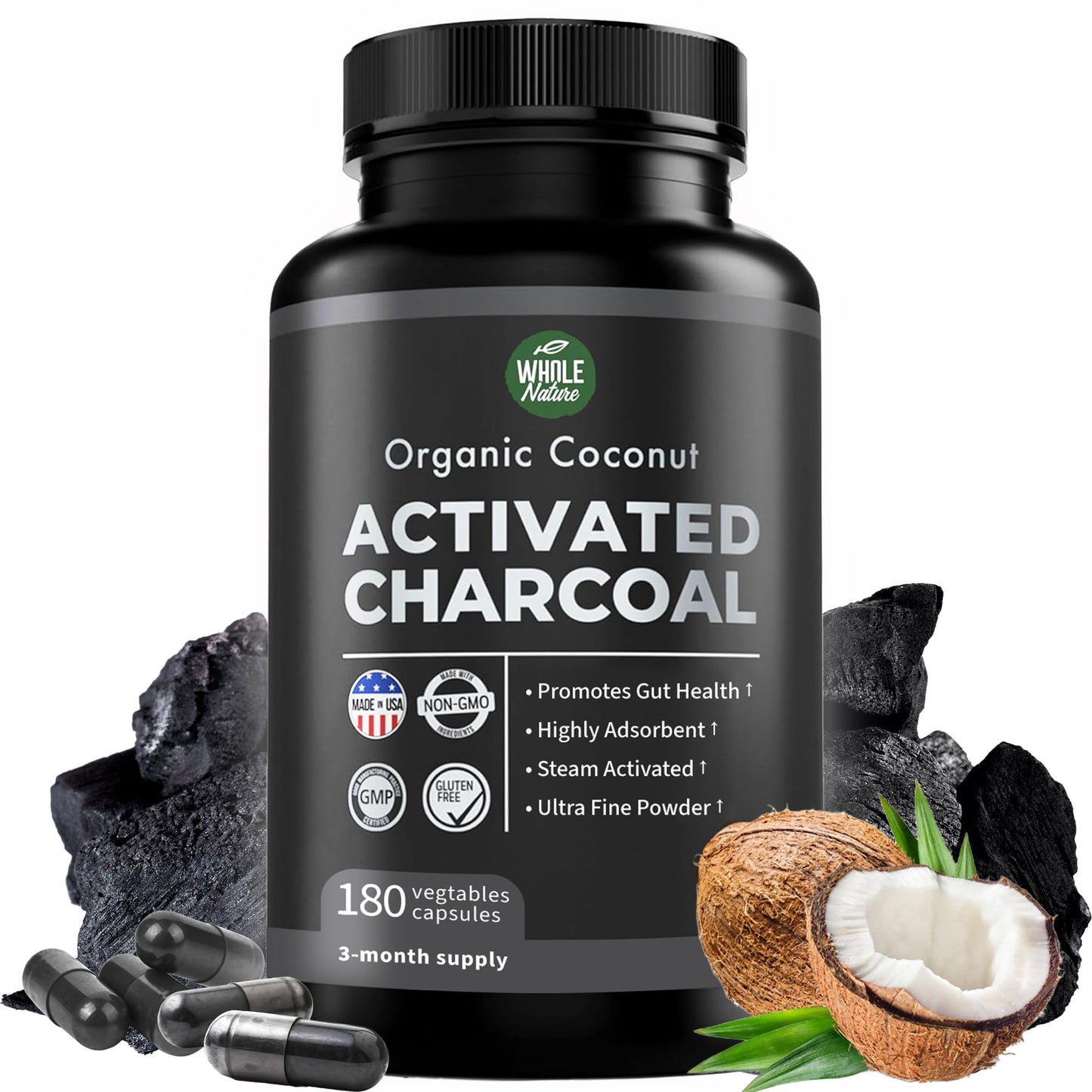 Whole Nature Pure Coconut Activated Charcoal, 180 Capsules