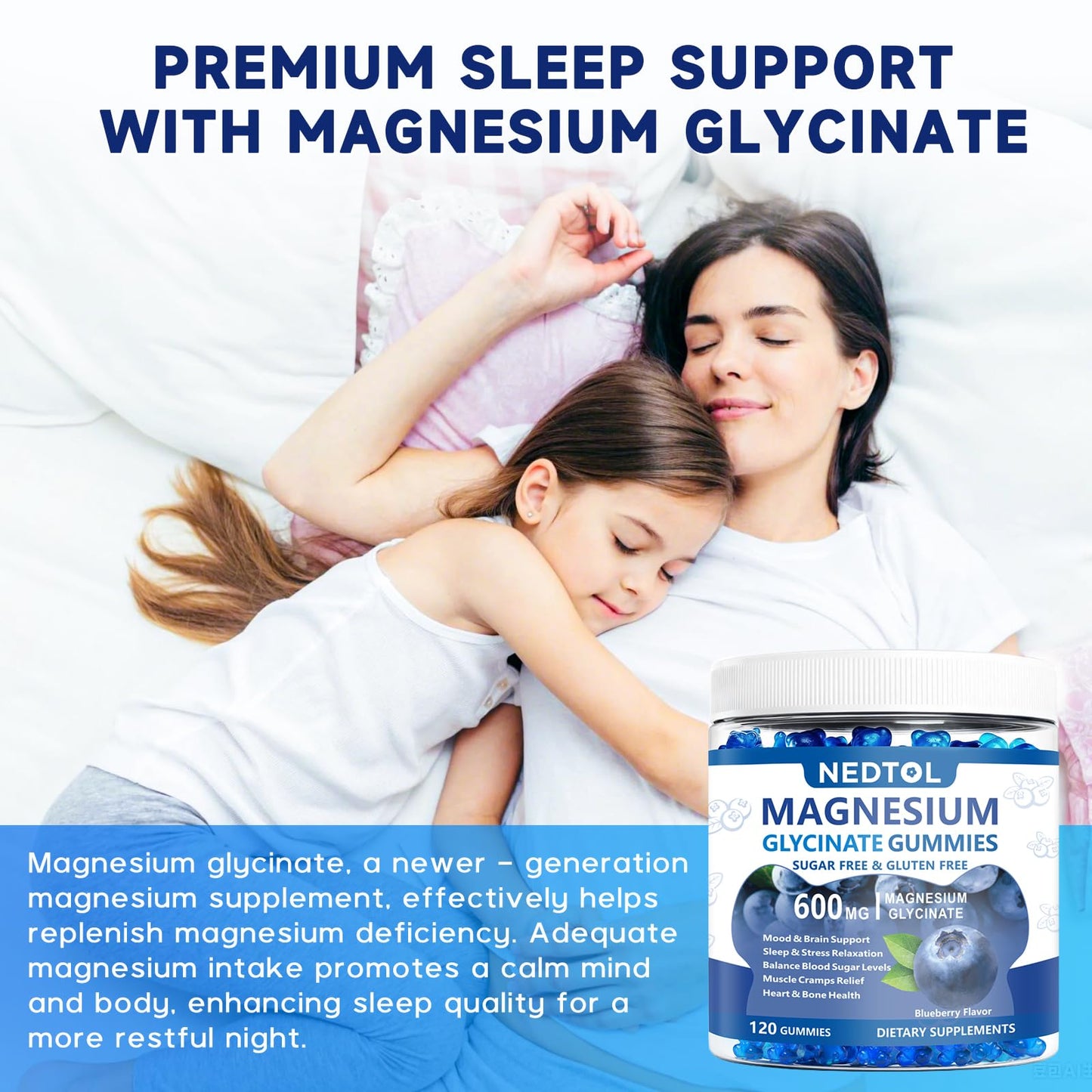 Nedtol Magnesium Glycinate Gummies 600mg, Sugar Free, with Vitamin D, B6, and CoQ10, for Sleep and Relaxation, 120 Gummies