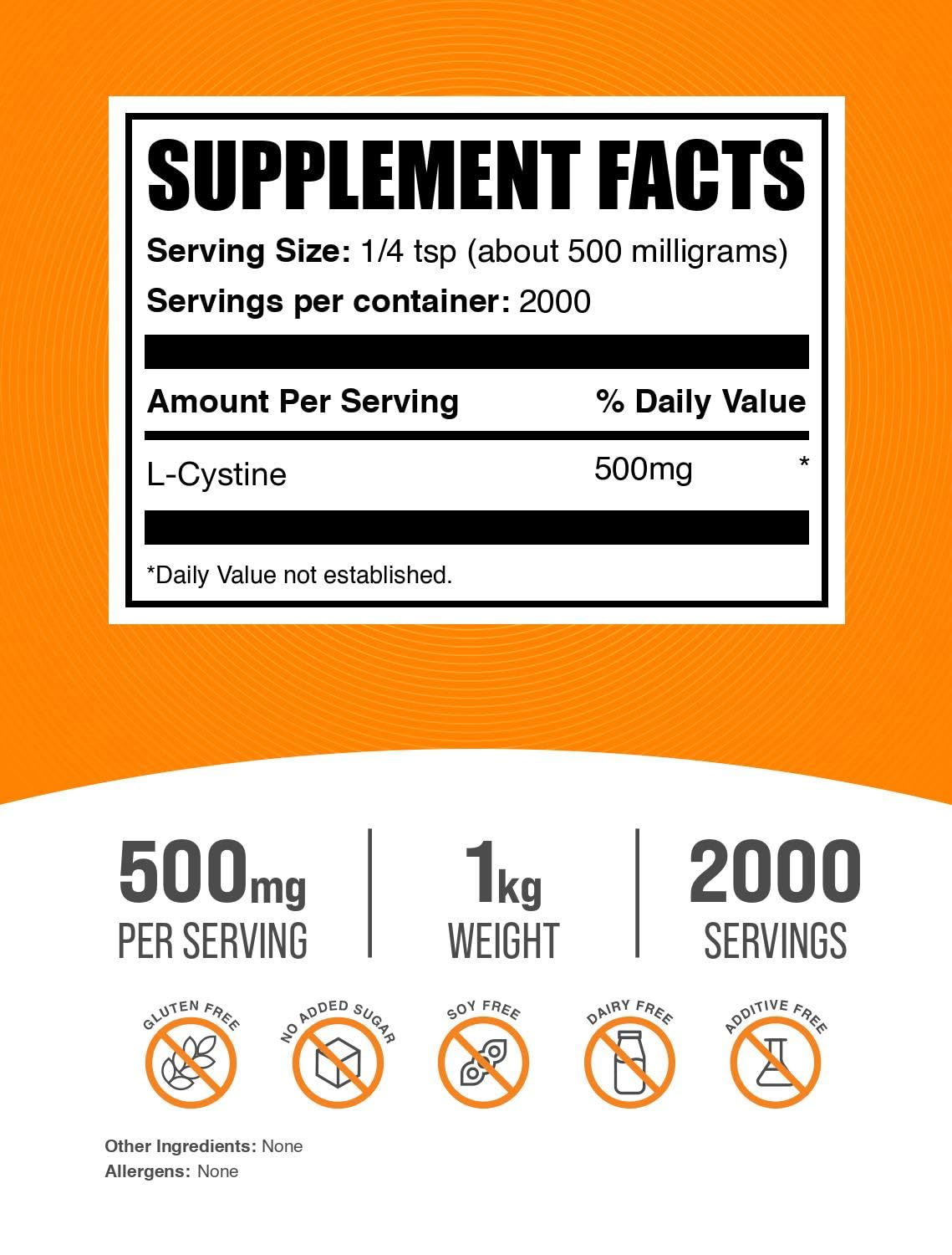 BulkSupplements L-Cystine Powder - L-Cystine 500mg per Serving, Gluten Free, 2.2 Pound (Pack of 1)