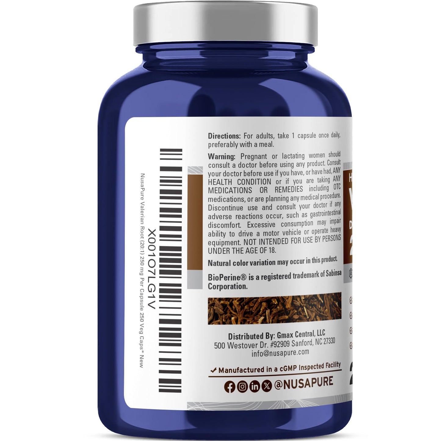 NusaPure Valerian Root Capsules, 250 Veg Capsules