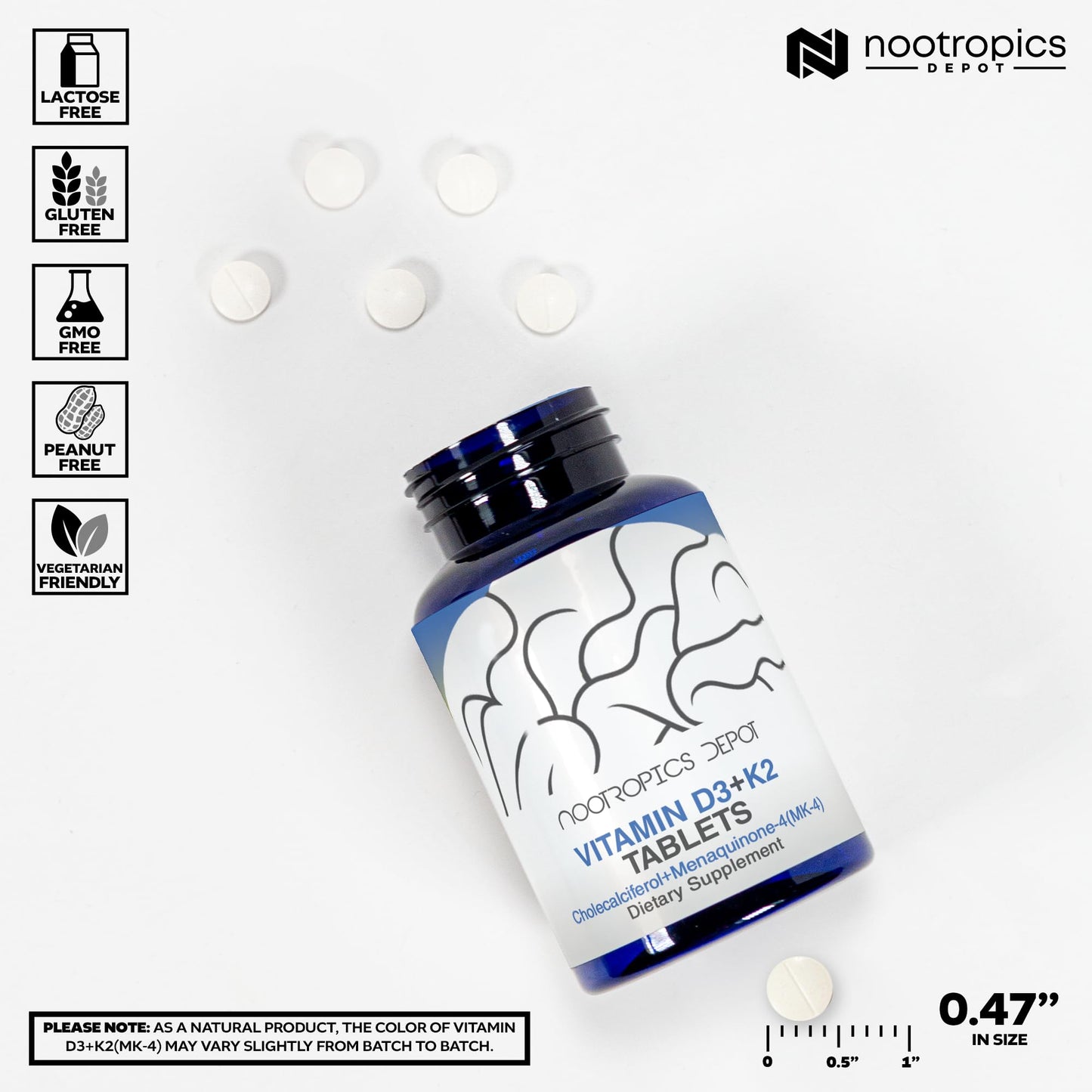 Nootropics Depot Vitamin D3 + K2 with Vitamin C Tablets, 60 Count