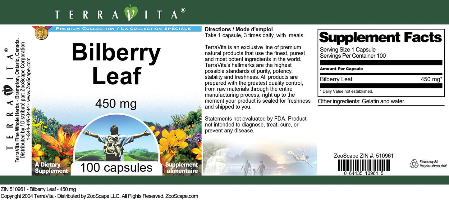 Terravita Bilberry Leaf - 450 mg 300 Capsules