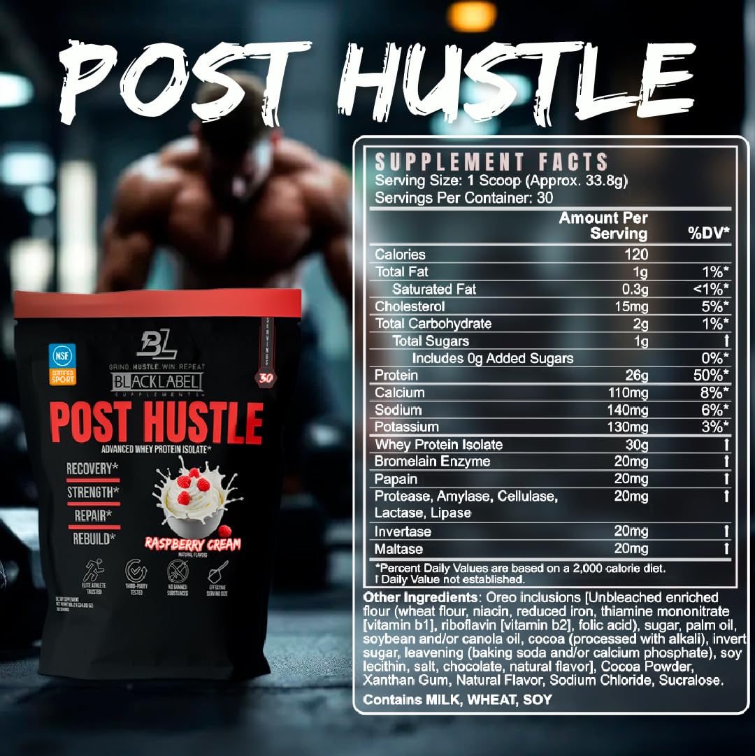 BLACKLABEL Supplements Post Hustle Post Workout Protein Powder 40 Servings – Whey Isolate Protein Powder with Digestive Enzymes – Raspberry Cream