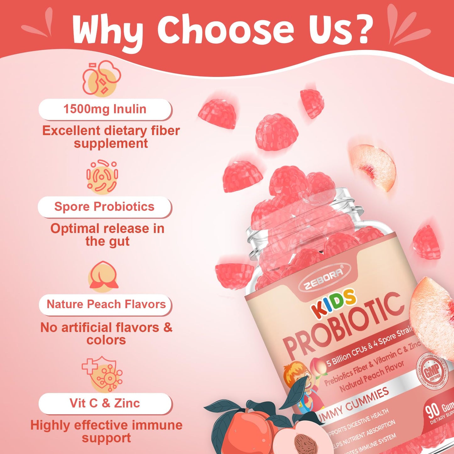 ZEBORA Kids Probiotic-Fiber Gummies 90 Count