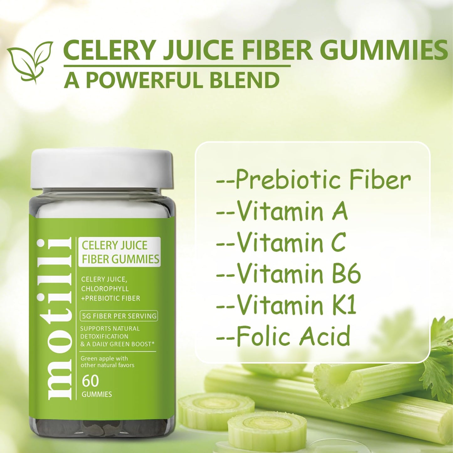 JLQJLQ Motilli Celery Juice Gummies, 60 Gummies